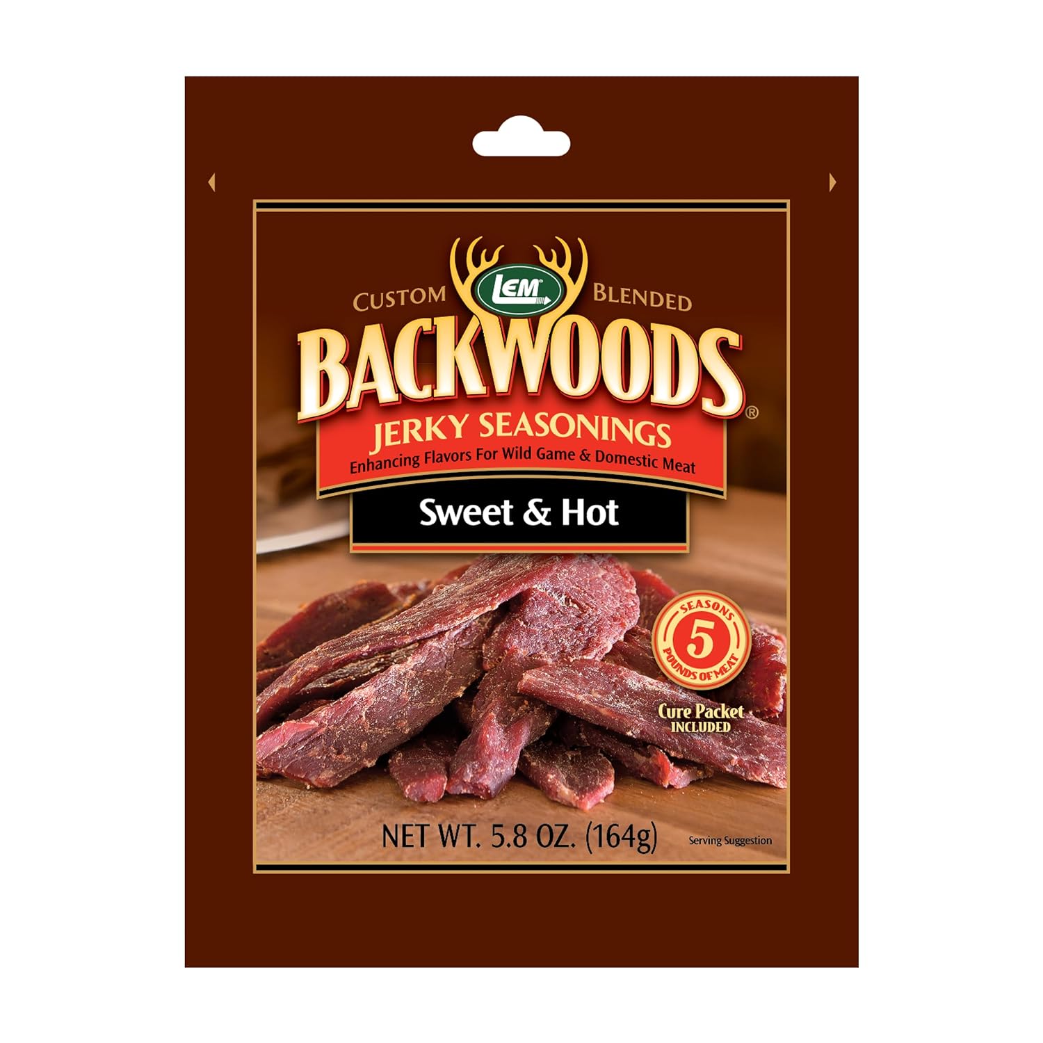 LEM Products Backwoods Sweet & Hot Jerky Seasoning, 5.8 oz Packet | Pre-Measured Seasoning and Cure for Wild Game and Domestic Meat, Seasons Up to 5 Pounds of Meat for Homemade Jerky