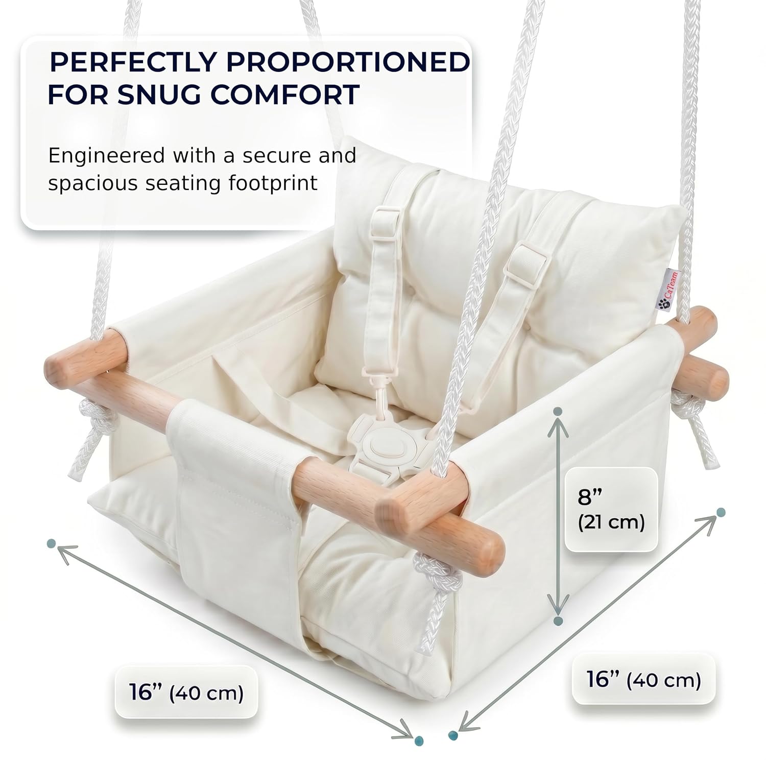 CaTeam Canvas Baby Swing Seat with 5-Point Safety Belt — Wooden Hanging Toddler Swing, Indoor & Outdoor, Ages 1-4, Ceiling Mount Hardware Included