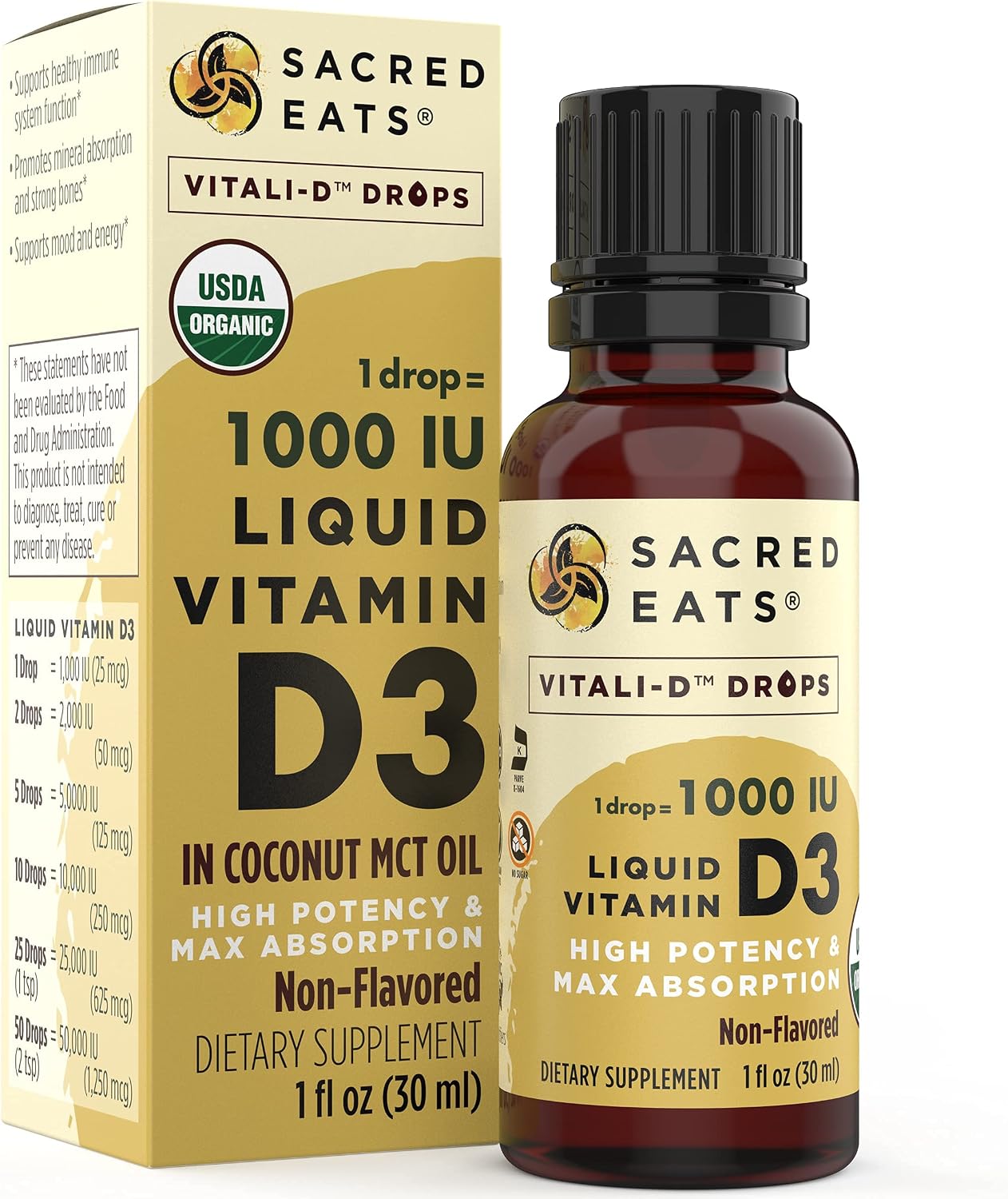 Organic Liquid Vitamin D Drops for Kids & Adults, Sugar Free. Easy to Use 1, 000 IU/Drop in Coconut MCT Oil. Lasts Months