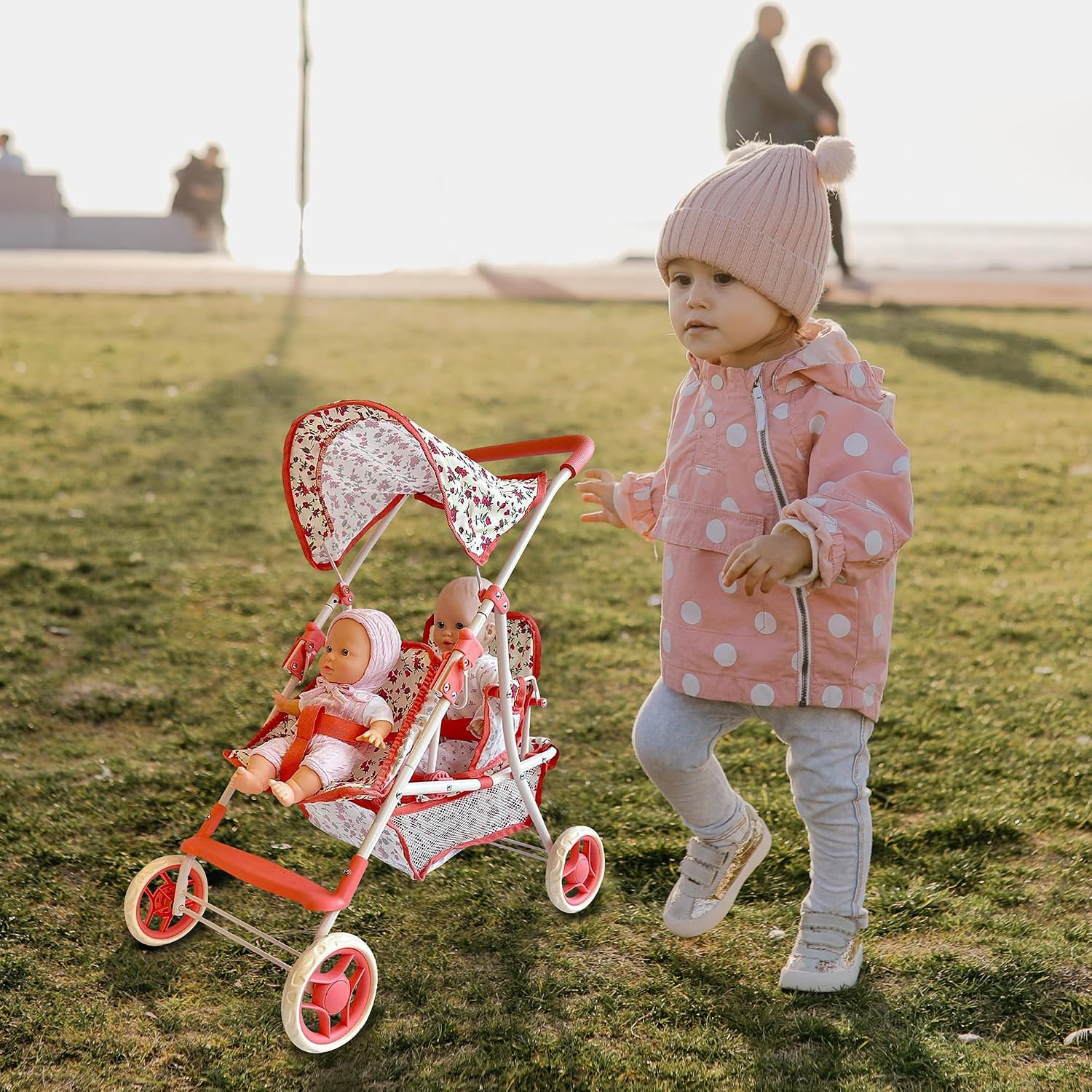 My First Doll Twin Stroller - Cutest Heart Design Doll Twins Stroller - Great Toy Gift for Girls