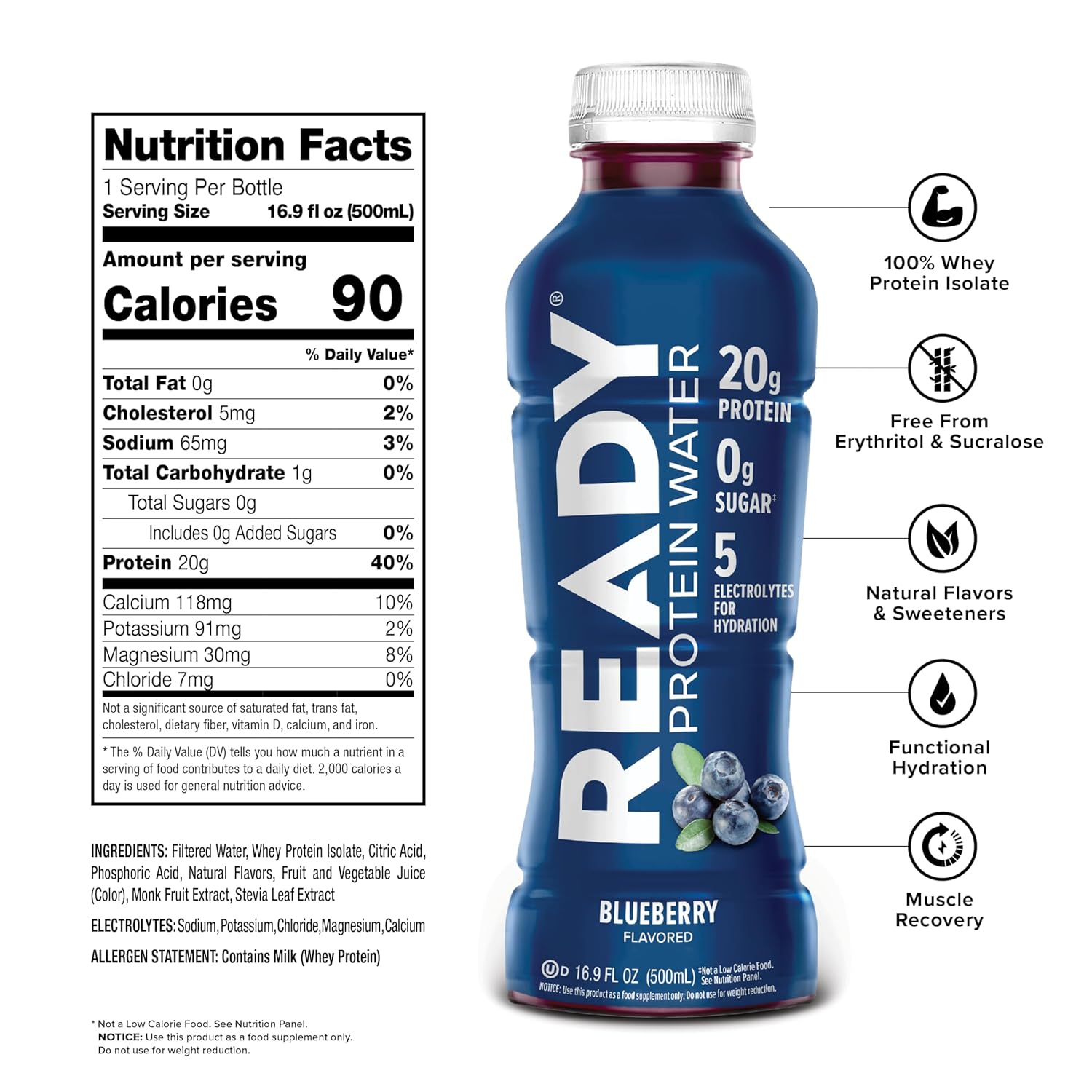 Ready Clear Protein Water, Blueberry, 20g Whey Protein Isolate, 12 Pack