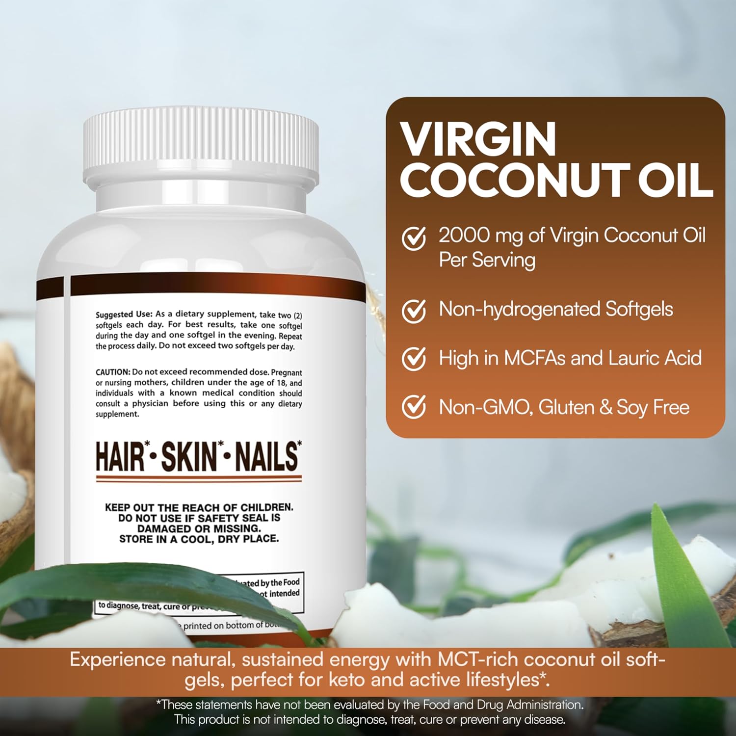 Arazo Nutrition Organic Coconut Oil 2000 MG Per Serving - 100% Extra Virgin Unrefined Cold Pressed for Weight Support, Skin, Hair, Nails - 120 Softgel Capsules