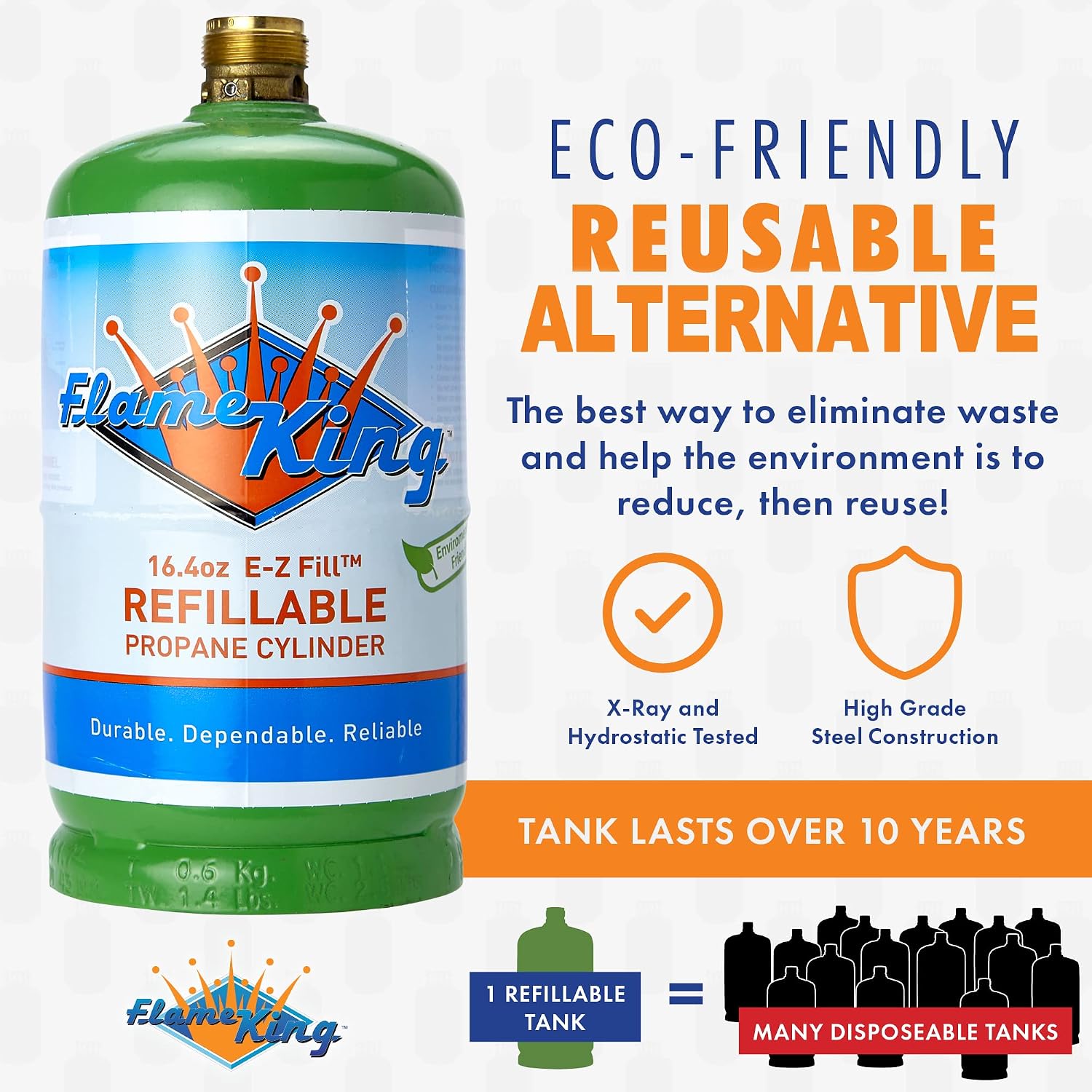 Flame King Refillable 1LB Empty Propane Cylinder Tank with Refill Kit and CGA600 Connection - Reusable, Safe and Legal Refill Option