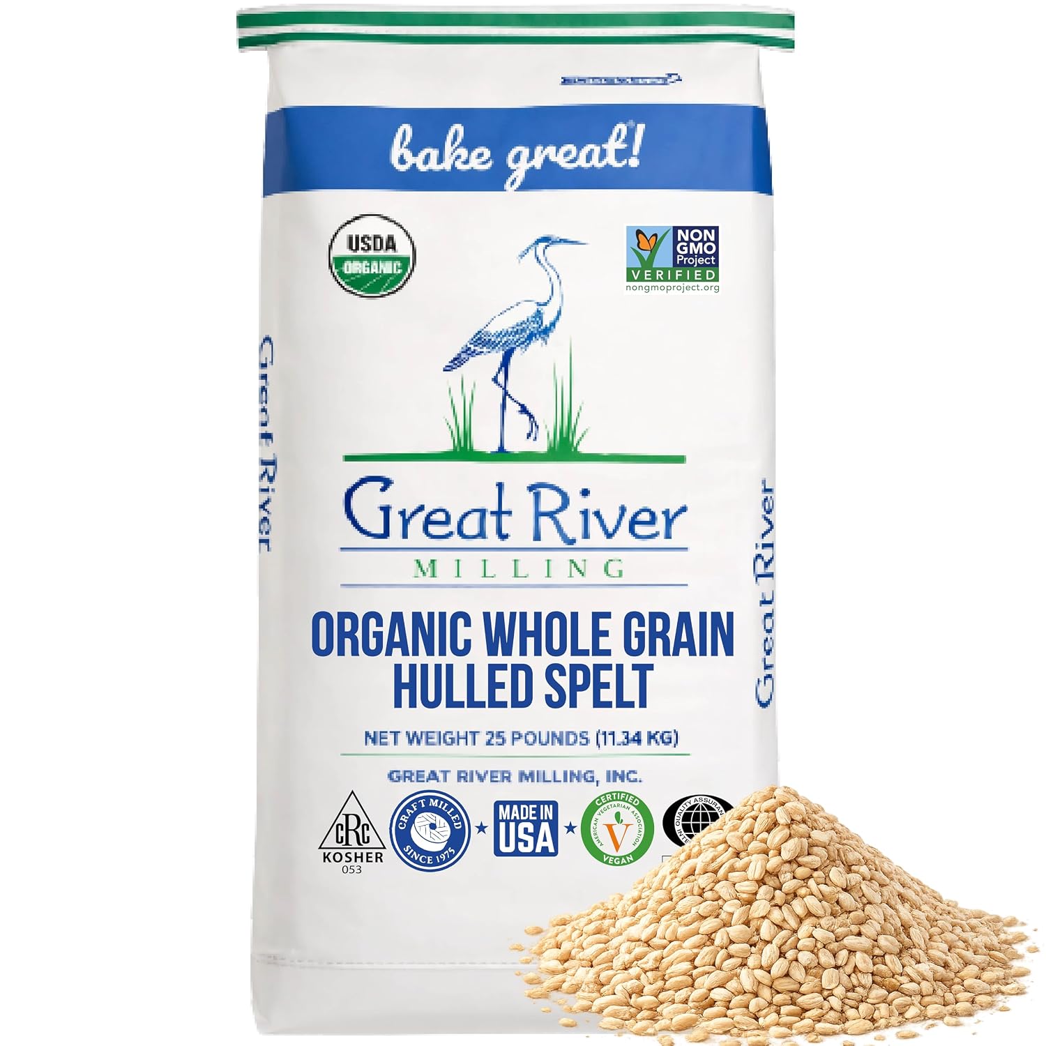 Great River Milling Organic Hulled Spelt Berries, Ancient Grain, 25 lb | Organic Hulled Spelt Berries for fresh spelt flour, bread, salads, pilaf, hot cereal and grain bowls; chewy cooked berries