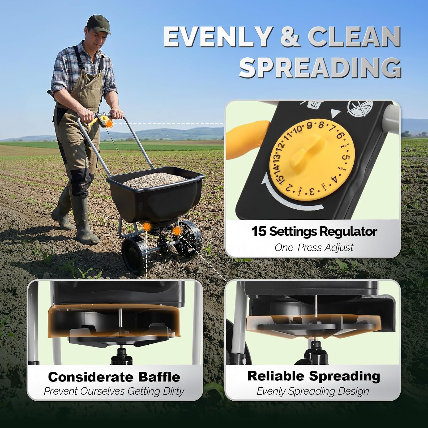 VINGLI 70lbs Fertilizer Spreader with 15 Adjustable Drop Rate, Pre-Assembled Walk-Behind Seed Spreader, with 9" Tire for Multi-Terrain, Broadcast Spreader for Lawn Care & Seed Spreading