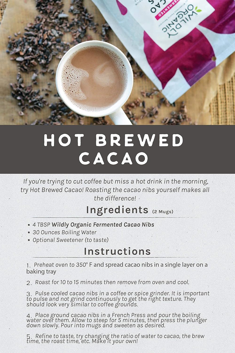 Wildly Organic Fermented Cacao Powder 8 Oz Bag | Perfect for Skin, Smoothies, Yogurt, Oatmeal, Chocolate, Fudge, Baking, & Hot Cocoa