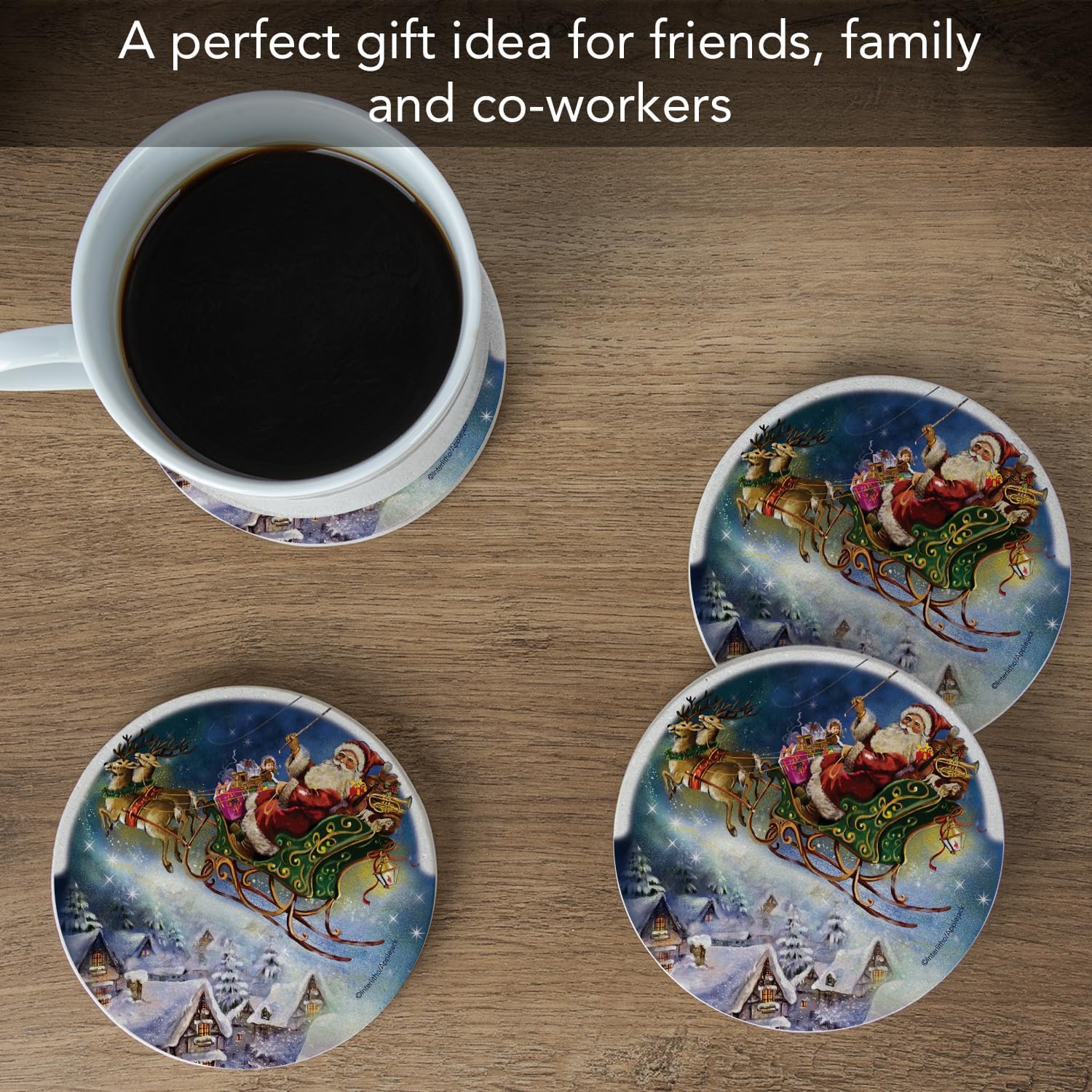 Thirstystone Santa’s Sleigh Natural Sandstone Coaster 4 Pack Eco-Friendly, Absorbent, Easily Wipes Clean | 4" Diameter, Manufactured in the USA