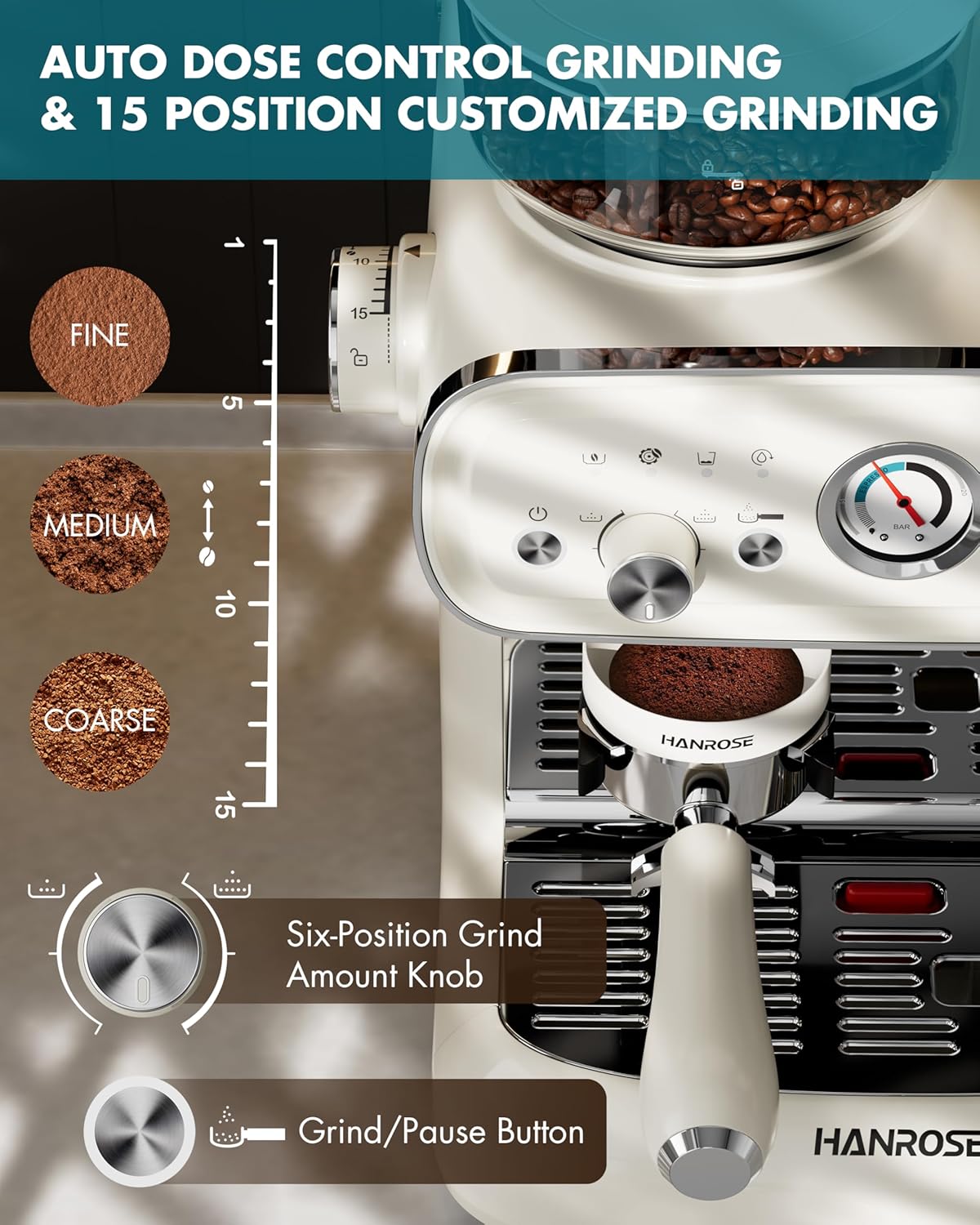 Espresso Machine with Grinder and Milk Frother, 20 Bar ULKA Pump | Fully Removable Burr Assembly, Adjustable Dosing & Independent Hot Water for Latte