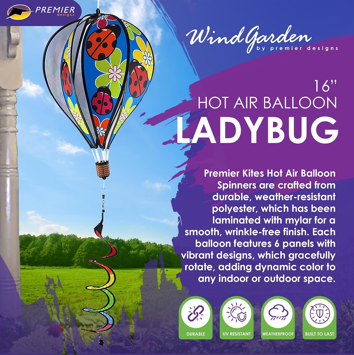 Hot Air Balloon Hanging Garden Spinner 16" - Vibrant Patriotic Design, Weather-Resistant Outdoor Decor, Durable & Lightweight for Patios, Yards, and Gardens - Eye-Catching Wind Spinner