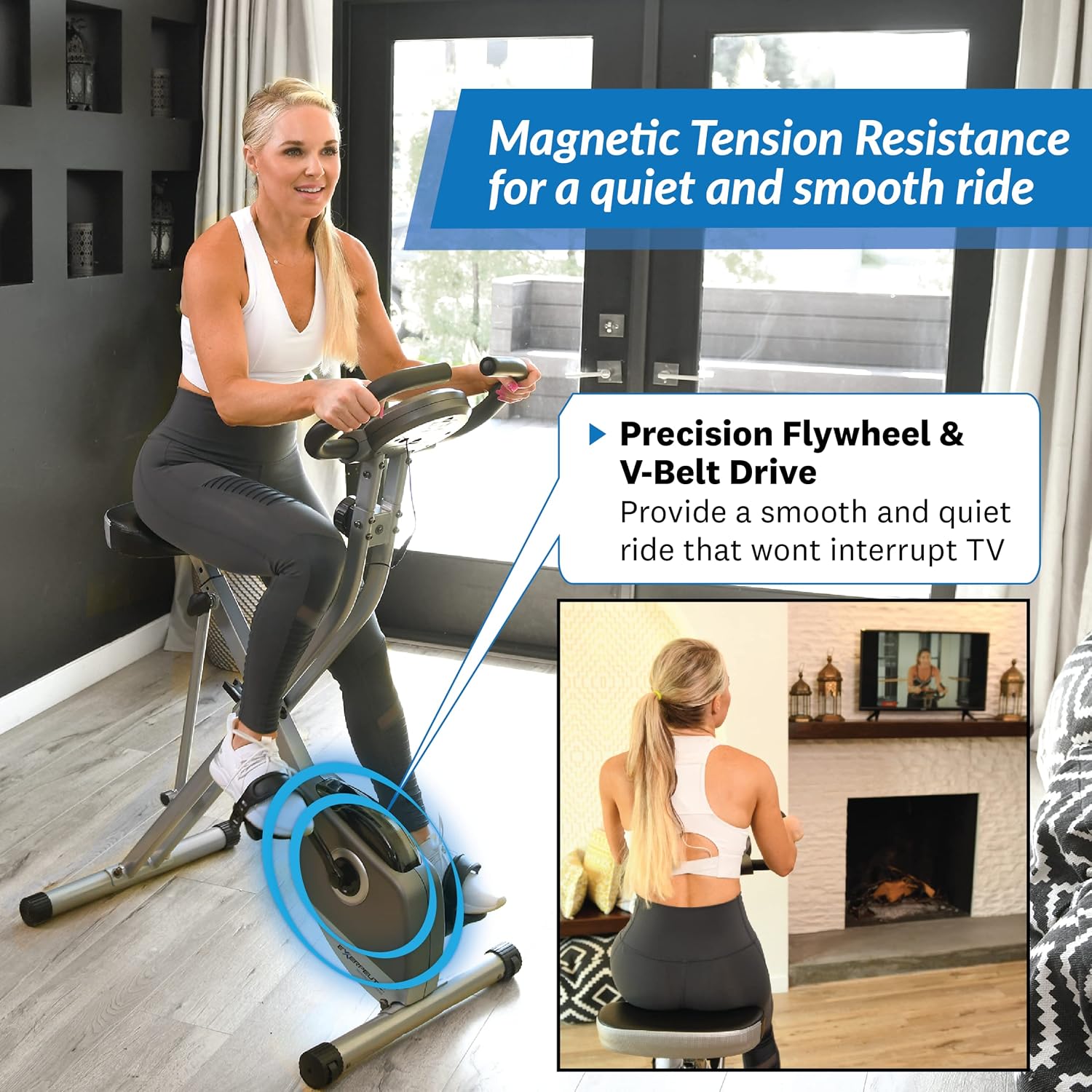 Exerpeutic Foldable Exercise Bike, 8 levels of Resistance Stationary Bicycle with Airsoft Seat, LCD Display to Track Distance, Calories