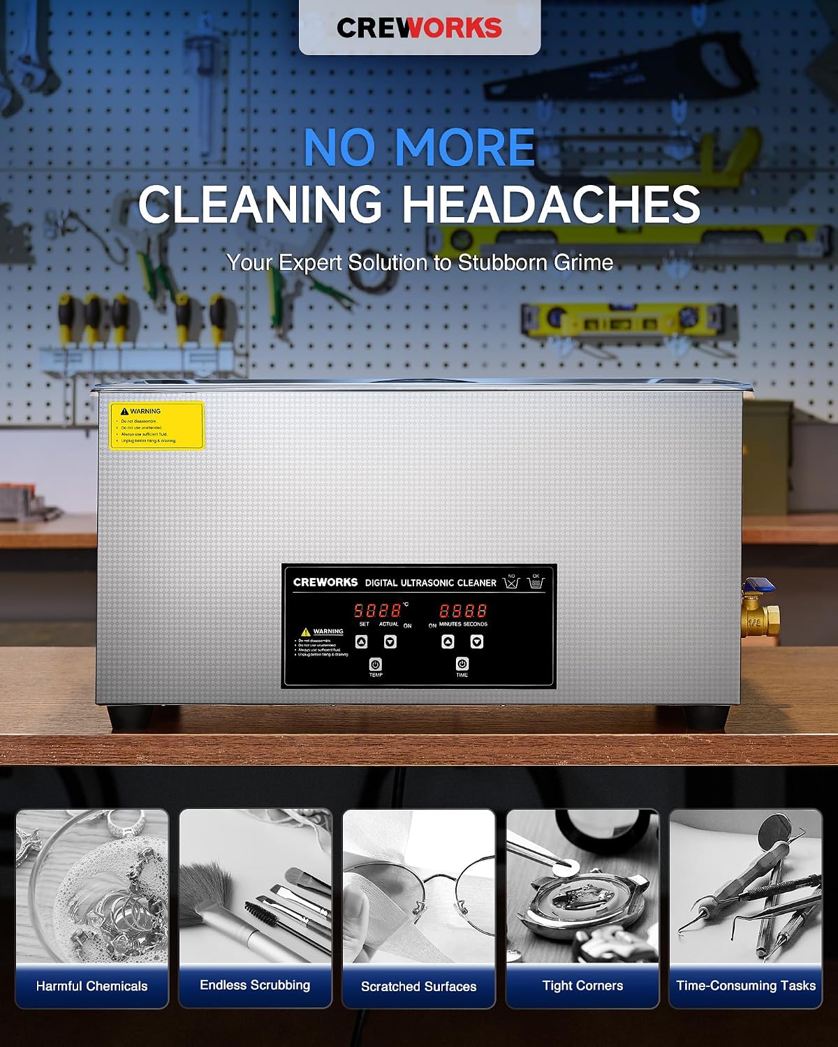 CREWORKS 3L Ultrasonic Cleaner, 0.8 gal Digital Sonic Cavitation Machine | 120W Stainless Steel Professional Jewelry Cleaner for Cleaning Tool Watch Glasses Retainer Denture Parts with Heater & Timer