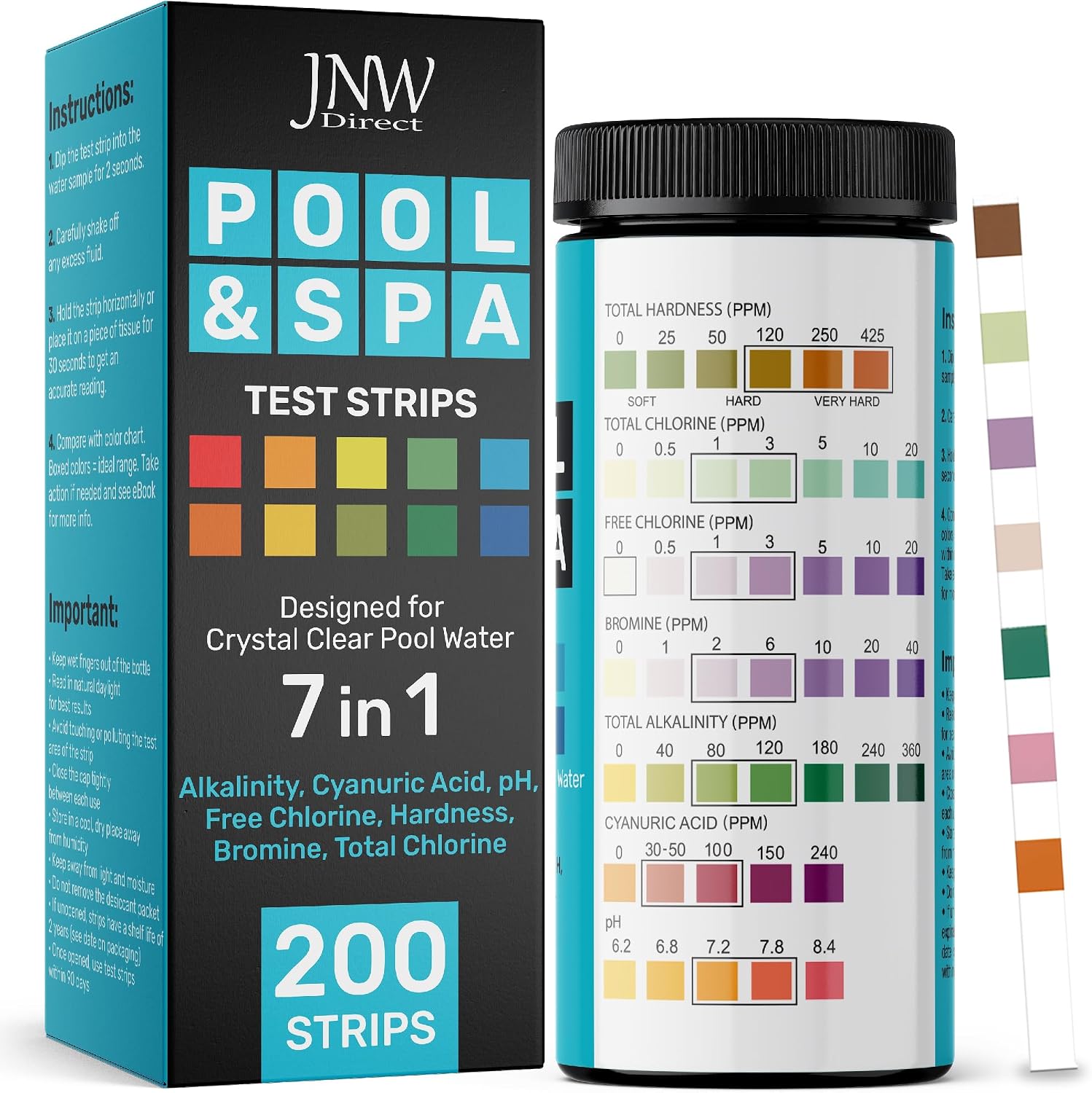 Pool Test Strips for Pools and Spas - 7 in 1 Water Test 100 Pack | Includes 100 pool test strips that measure chlorine, bromine, pH, alkalinity, hardness and cyanuric acid in 30 seconds.