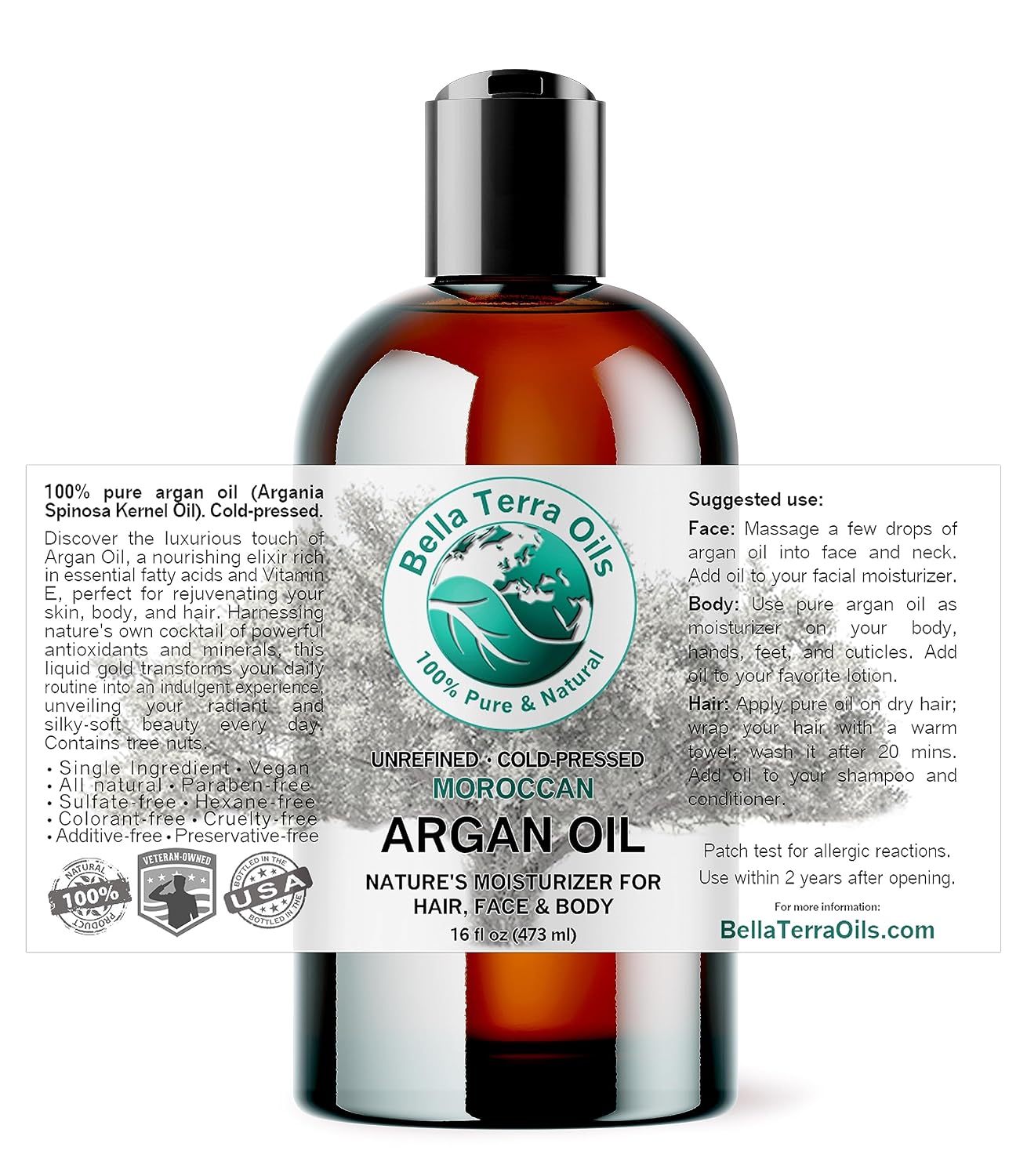 Bella Terra Oils - Argan Oil 2 oz - Cold-Pressed from Morocco, Rich in Vitamin E & Fatty Acids, Perfect Hair Oil Serum to Combat Frizz, Luxurious Face Oil