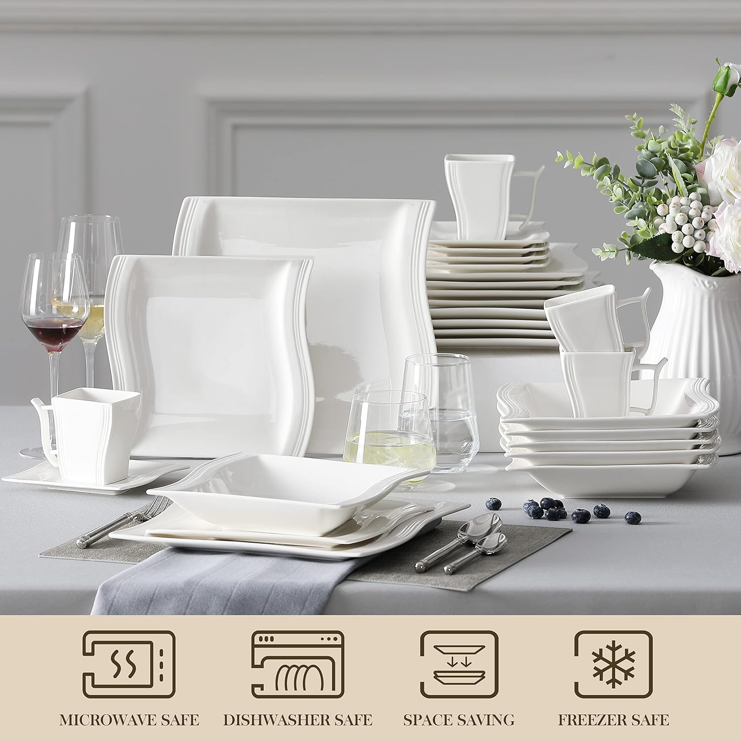 MALACASA Plates and Bowls Sets, 26 Pieces Ivory White Porcelain Dinnerware Sets without Mugs, Square Dinnerware with Dinner Plates, Bowls and Serving Platters, Modern Dish Set for 6, Series Flora