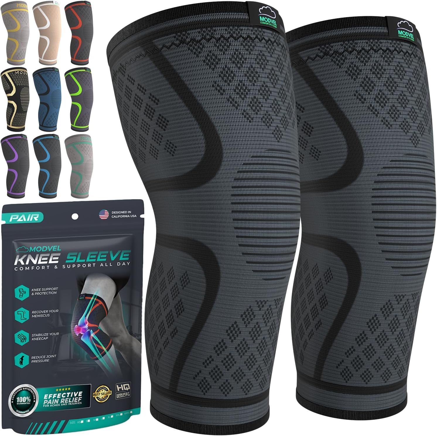 Modvel Compression Knee Brace for Women & Men - 2 Pack Knee Brace for Women Running Knee Pain, Knee Support Compression Sleeve