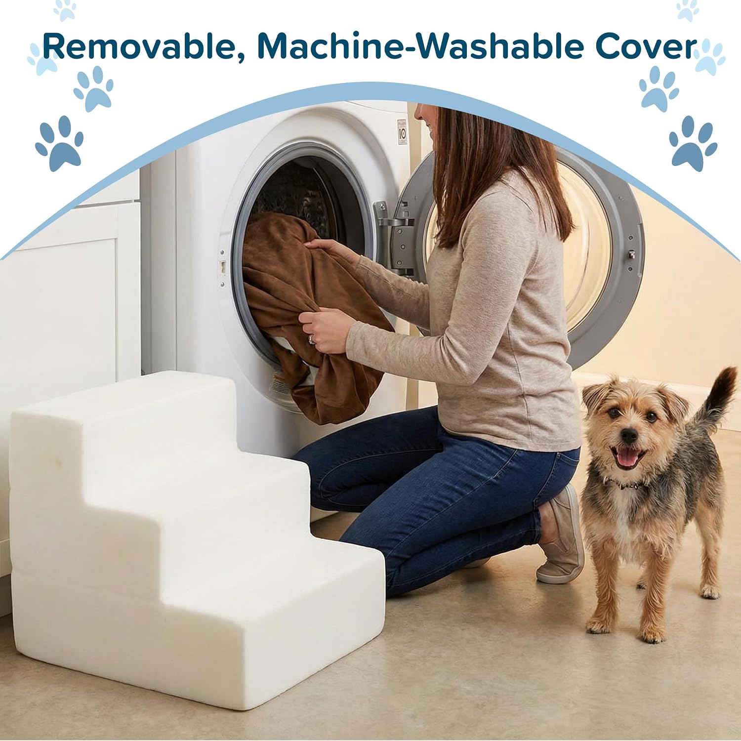 3-Step Pet Stairs - Nonslip Foam Dog and Cat Steps with Removable Zippered Microfiber Cover - 2-Tone Design for Home or Vehicle Use by PETMAKER (Tan) | 3-Step Pet Steps for High Bed and Couch - Pet Stairs with Nonslip Bottom, High-Density Foam, and Remov…