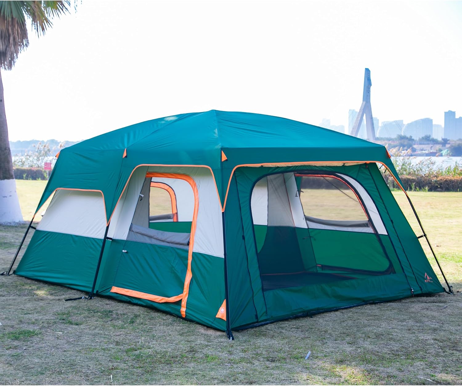 KTT Extra Large Tent 12-14 Person, Family Cabin Tents, 2 Rooms, Straight Wall, 2 Doors 4 Windows with Mesh, Waterproof, Double Layer