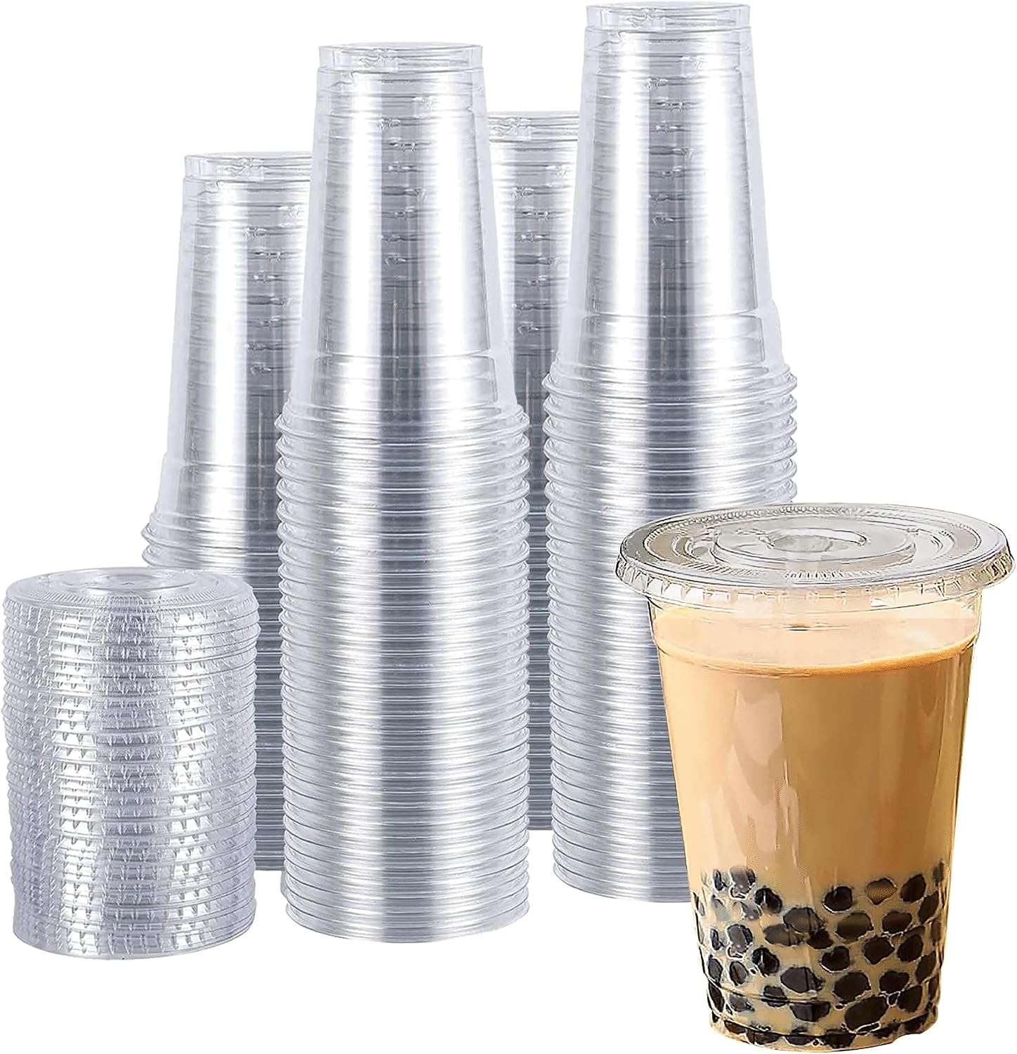 TashiBox Plastic Cups with Flat Lids 100 Sets 16 oz, Clear Crystal drink cups with lids