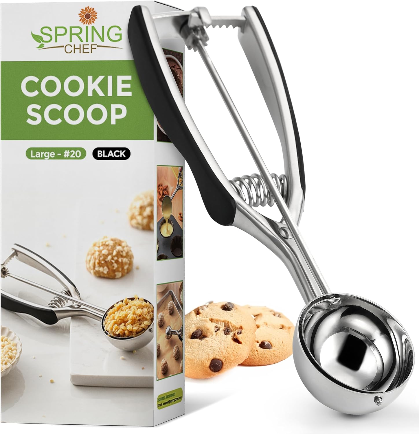 Spring Chef Medium Stainless Steel Cookie Scoop, #40, 1.7 Tablespoon, Black