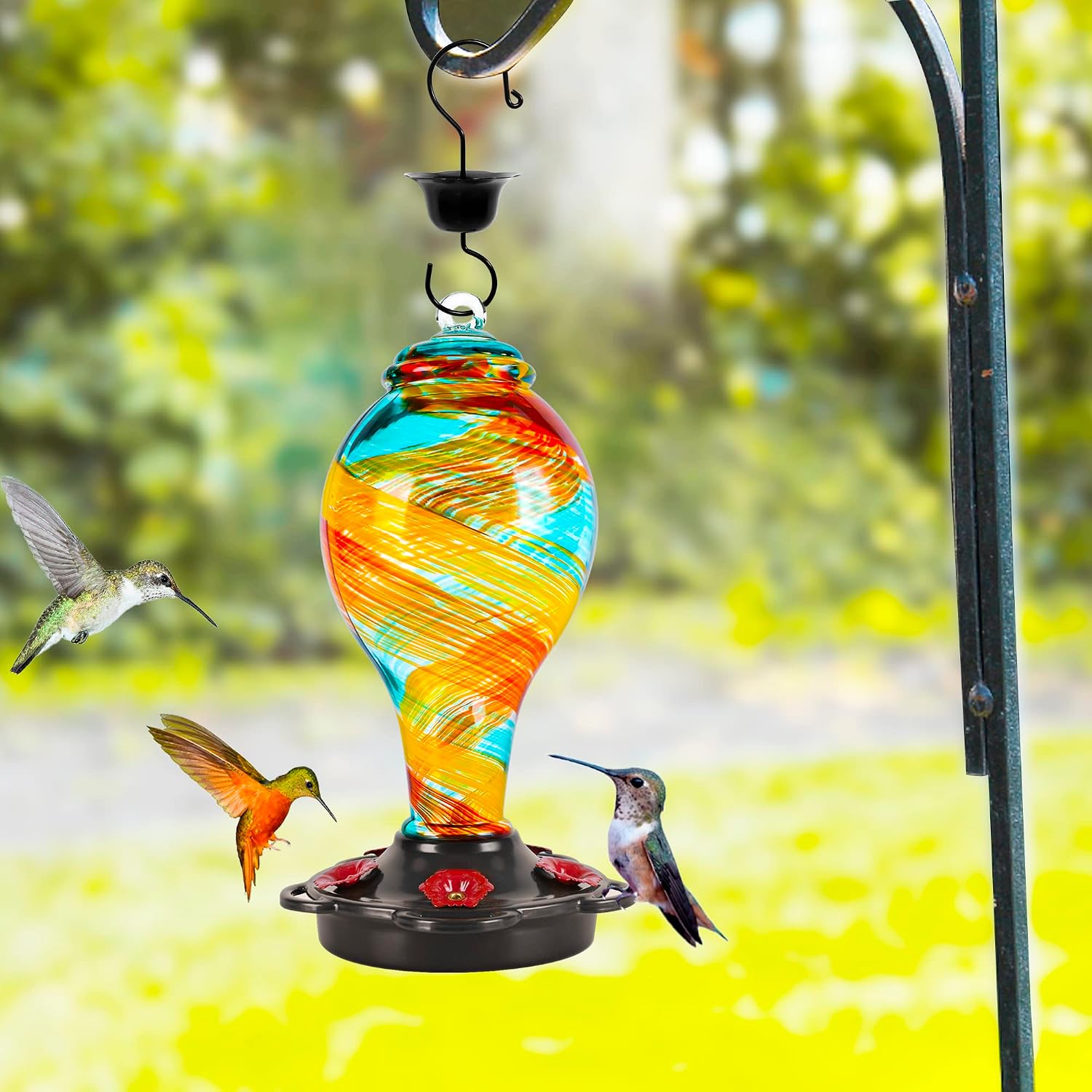 LUJII Hummingbird Feeder, Hand Blown Glass Hummingbird Feeder, Never Fade, 36 Fluid Ounces, 5 Feeding Metal Stations, Much Bigger, Garden Backyard Decorative, Containing Ant Moat (Blue)