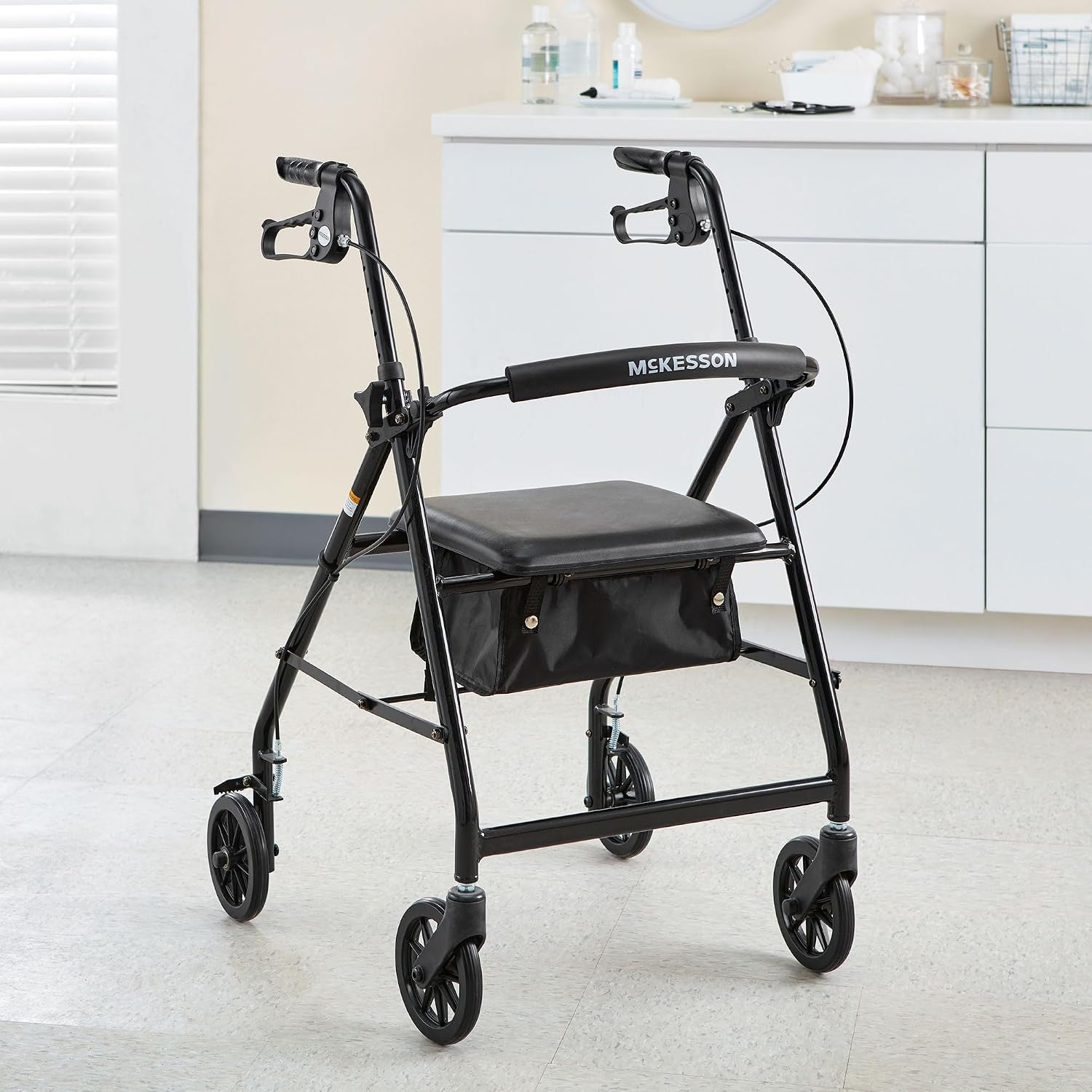 McKesson Rollator Walker with Seat and Wheels, Black, 1 ct