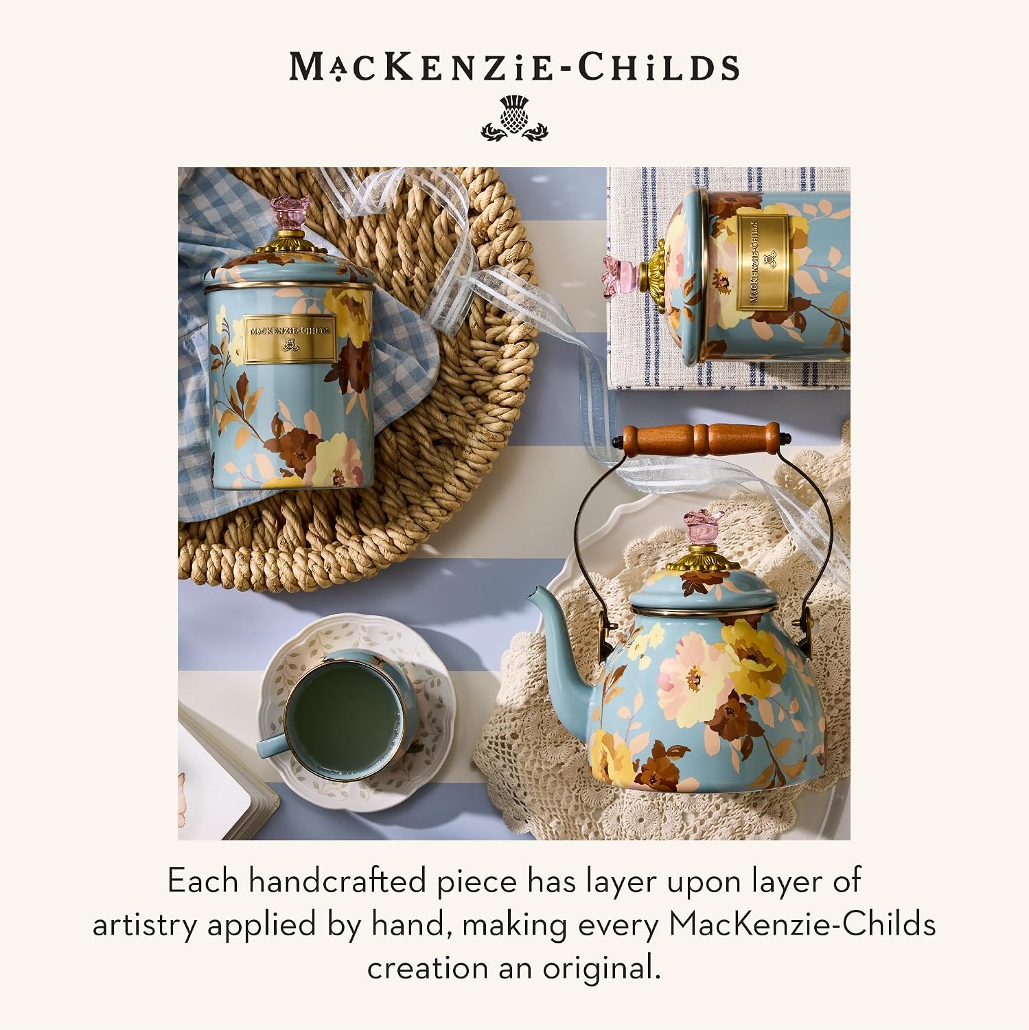 MACKENZIE-CHILDS Enamel Canister, Large, White Butterfly Garden | Hand-applied design, made from enameled steel, versatile kitchen storage container for flour and sugar, 64-ounce capacity
