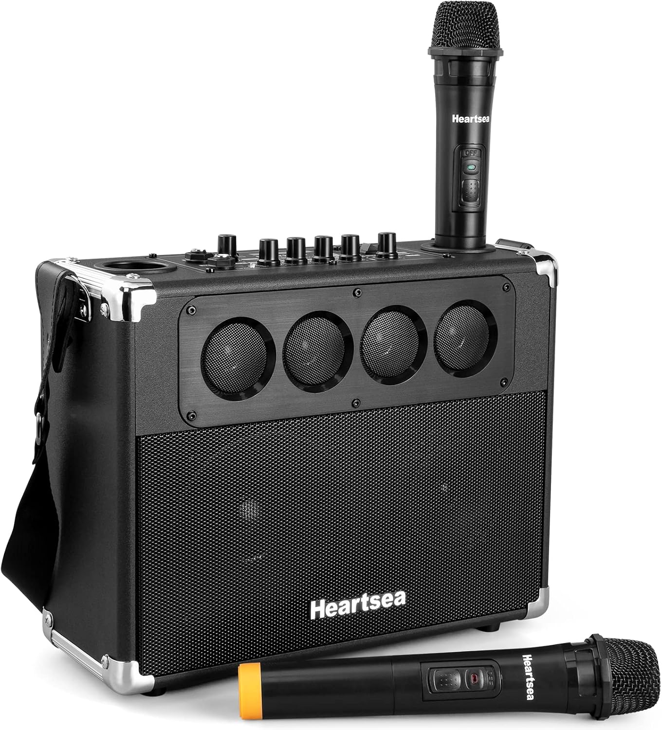 HEARTSEA Portable Karaoke Machine with Wireless Mics, Bluetooth Speaker | 3-Way Sound, TWS Stereo Pairing, Guitar Input, USB/AUX