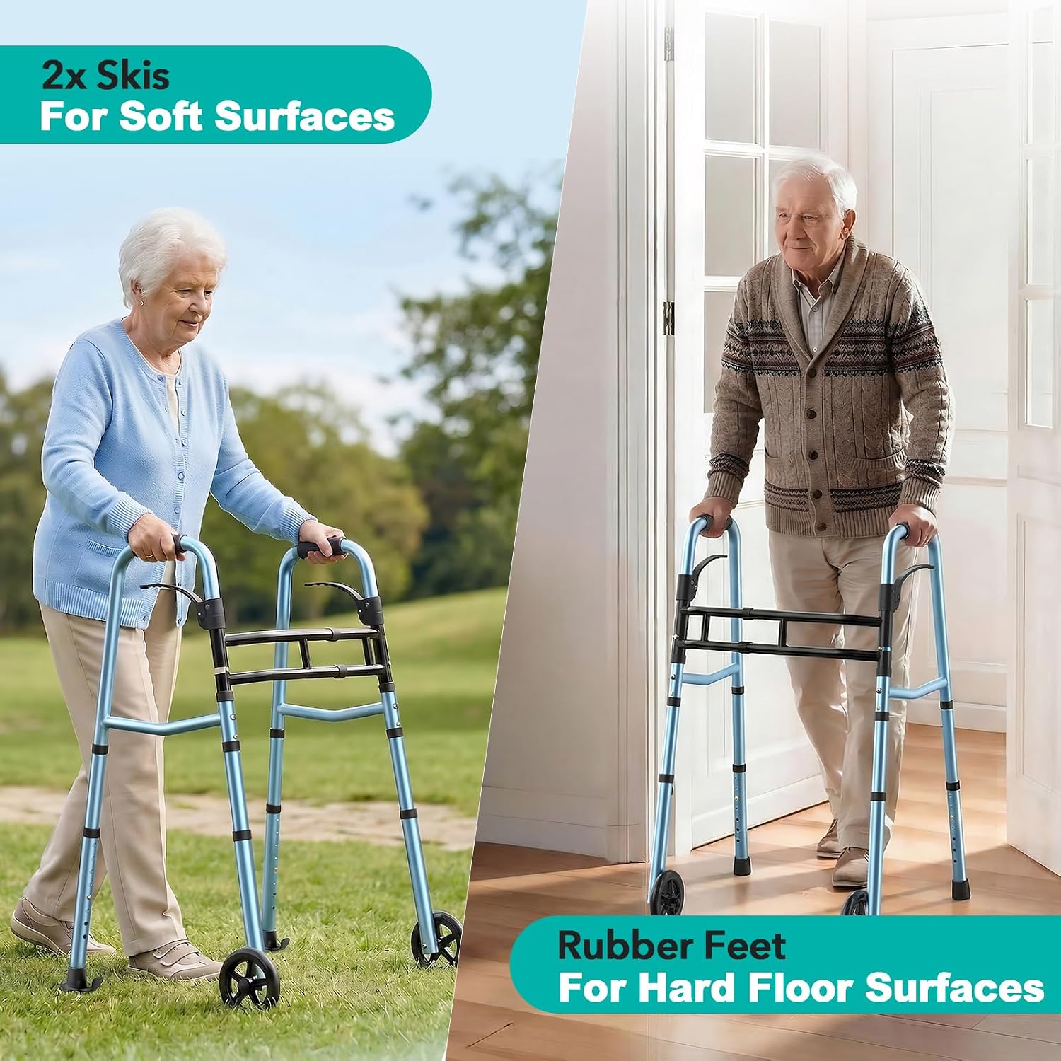 HOMENURSE Folding Walkers for Seniors with Skis, Width & Height Adjustable | Narrow Walker with 5" Wheels for Small Spaces, Aluminum Lightweight Standard Rolling Walker, Supports Up to 300lbs, Silver