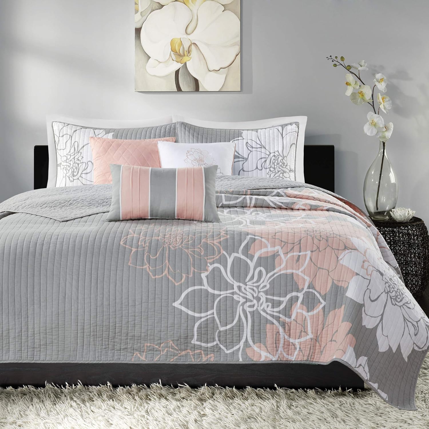 Madison Park Cotton Casual Floral Quilt Set, 6PC Full/Queen Coverlet | Channel Stitching Design, All Season, Lightweight Coverlet Bedspread Bedding, Shams, Decorative Pillows, Taupe Grey/Purple