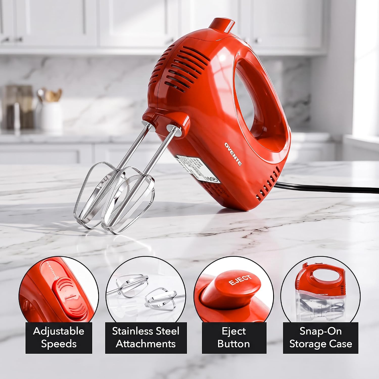 OVENTE 5-Speed Electric Hand Mixer with Storage Case,150W, White HM151W | Stainless Steel Whisks, Compact Portable Design, Lightweight Handheld Mixer for Baking & Cooking