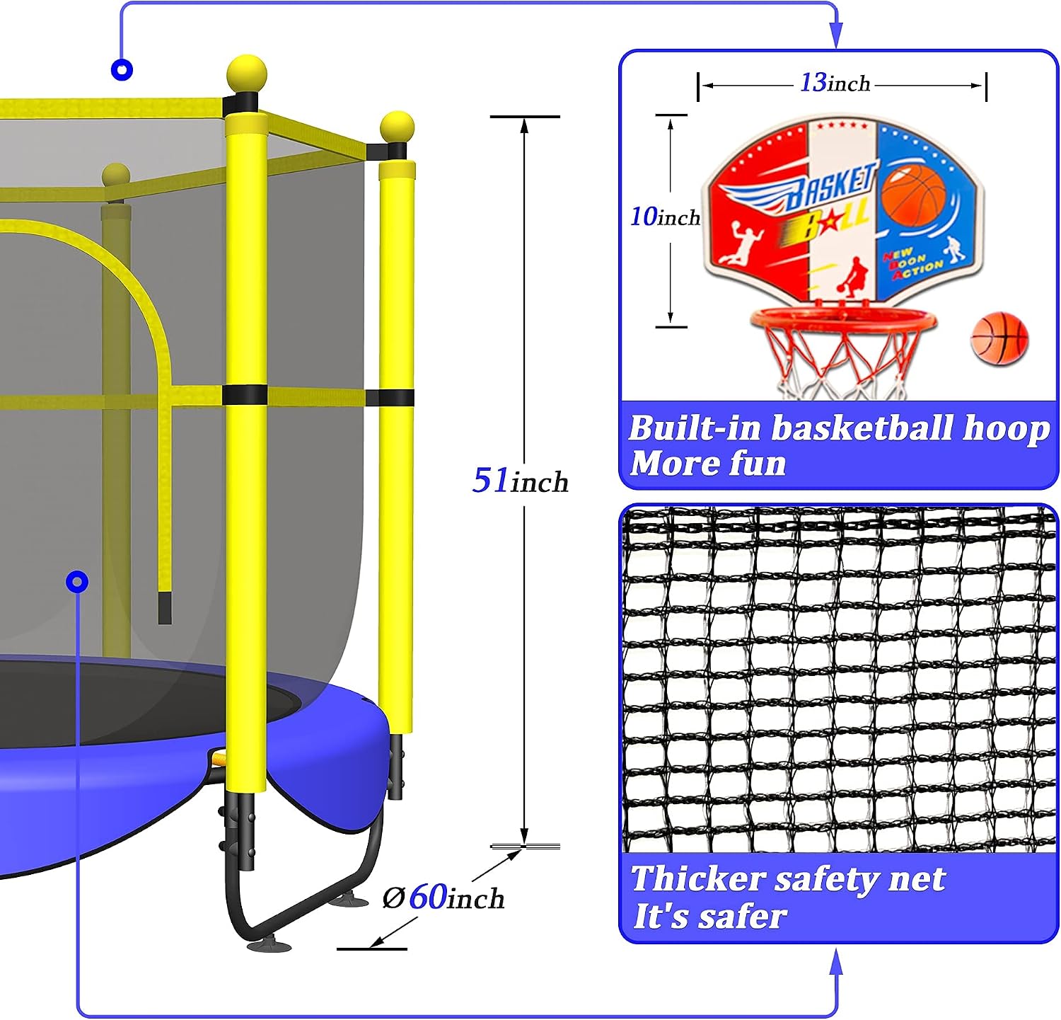 VGMiu 60" Trampoline for Kids, Toddler Trampoline Indoor with Net, Age 3-8