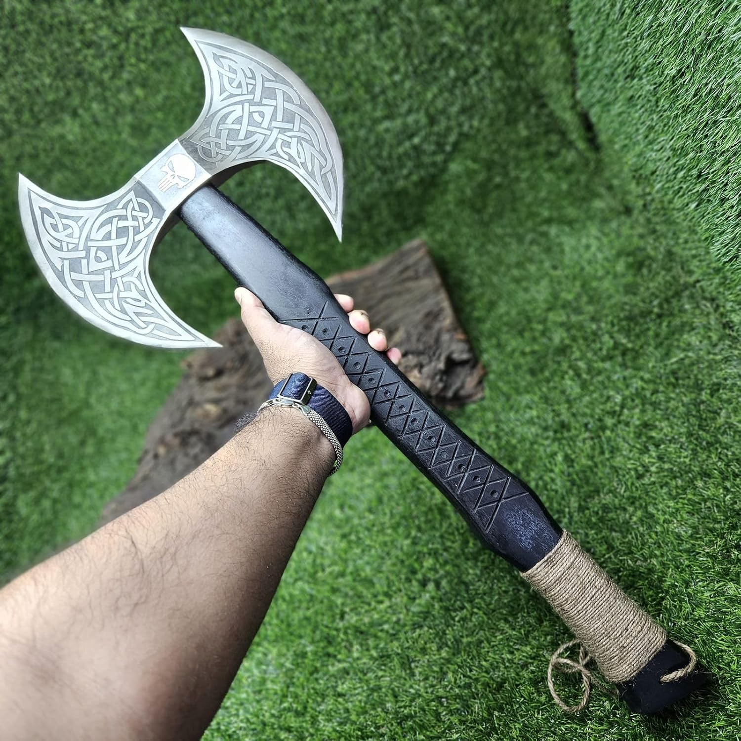 Poshland AX-7000 Custom Gift Forged Carbon Steel Viking Axe with Rose Wood Shaft, Viking Bearded Camping Axe