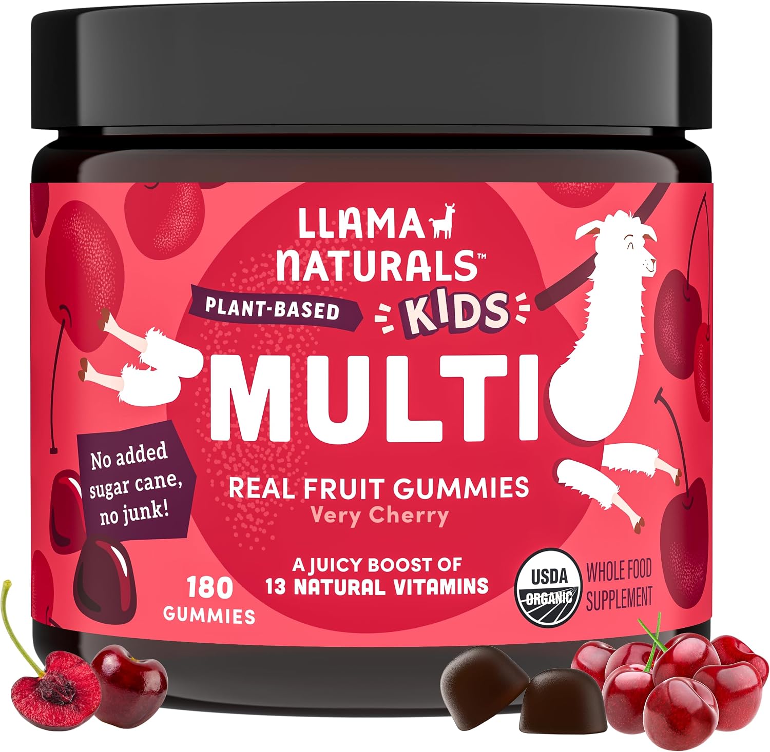 Llama Naturals Kids Multivitamin Gummies | Real Fruit, No Added Sugar Cane | Organic Vegan Toddler Whole Food Vitamins | Vitamin D, C & Beta Carotene Gummy Supplement | Cherry 90 Ct (1-2 Months)