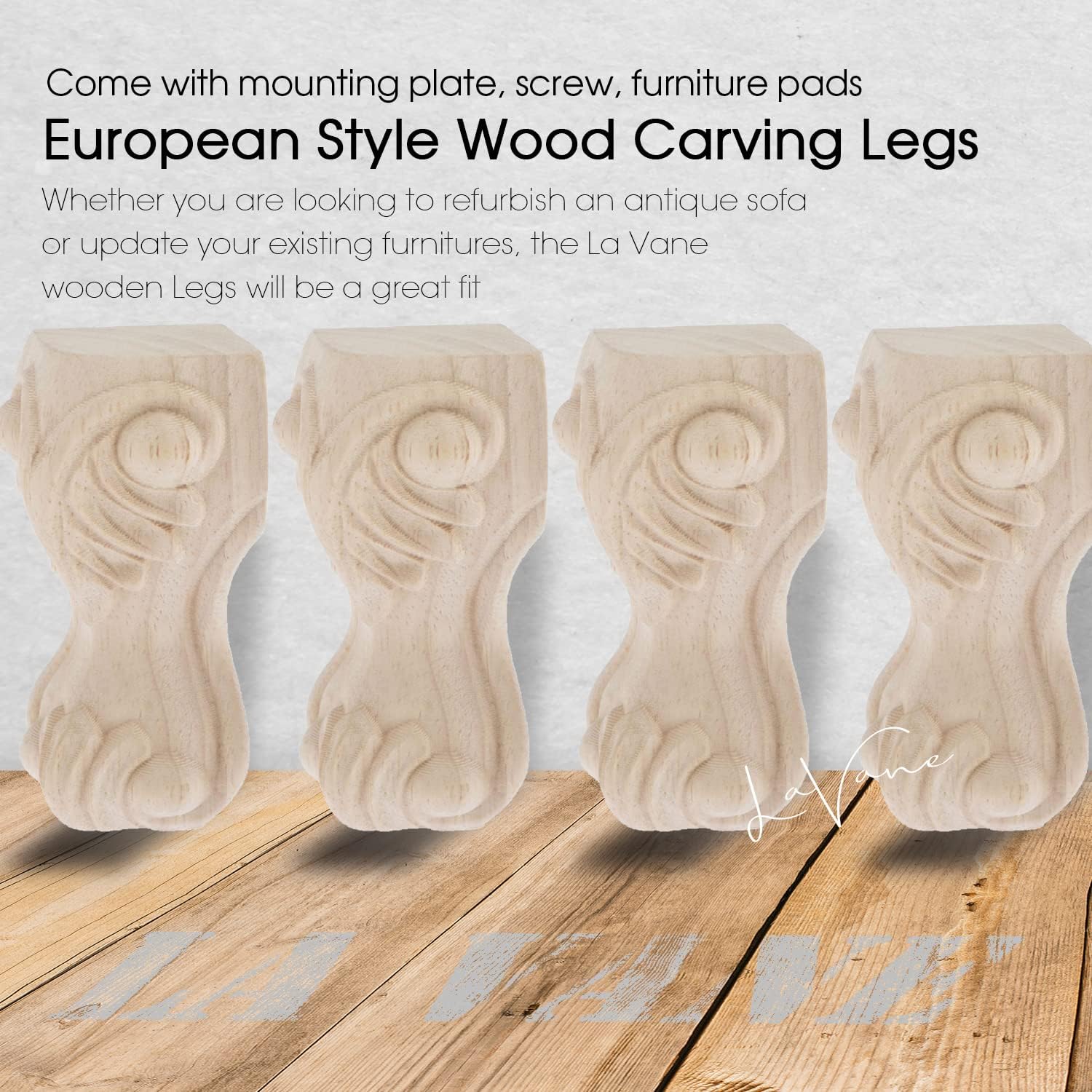 La Vane 6 inch / 15cm Wooden Furniture Legs, Set of 4 European Style Solid Wood Carving Furniture Replacement Feet Decoration for Sofa Cabinet Wardrobe Table Loveseat