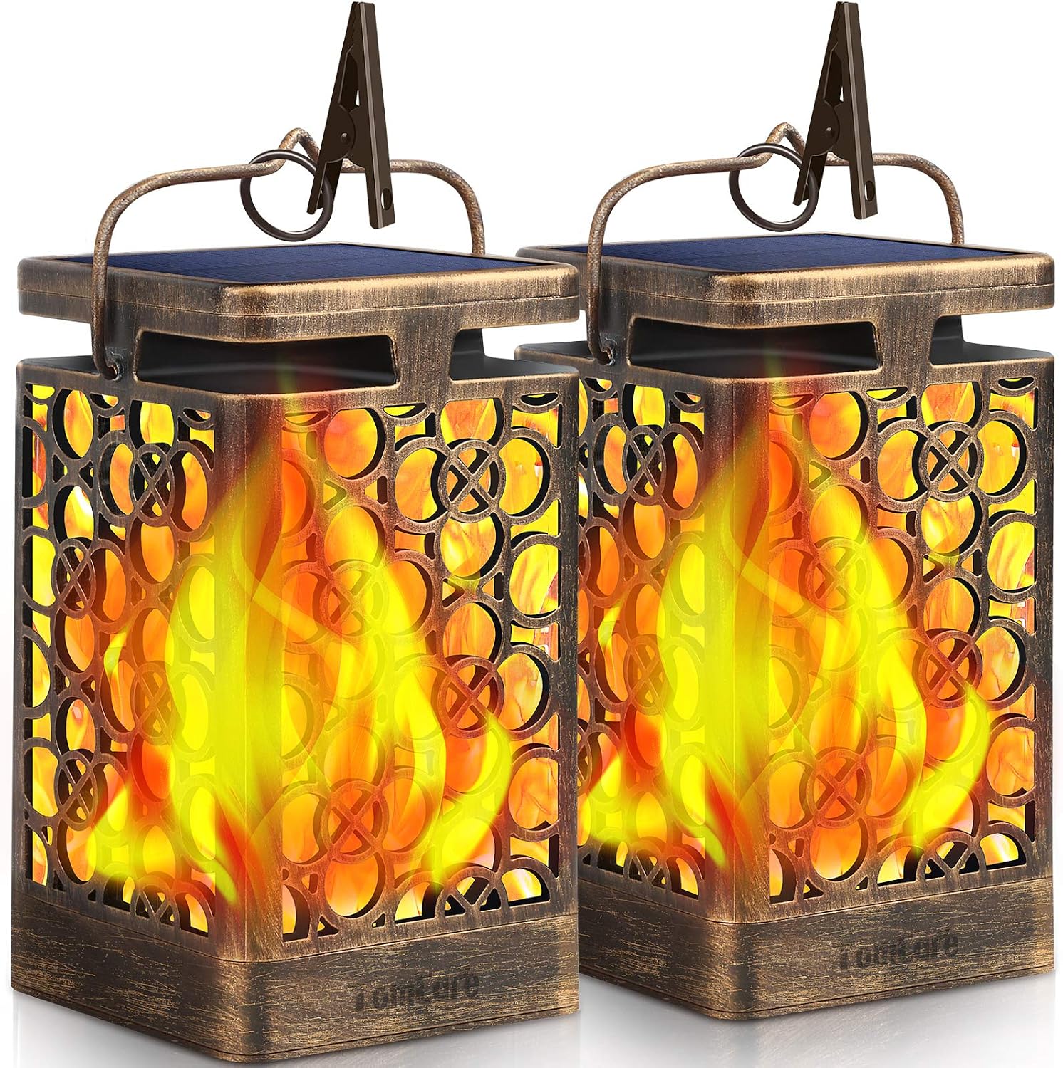 TomCare Solar Lanterns Outdoor, Flickering Flame Hanging Lights, 2 Pack