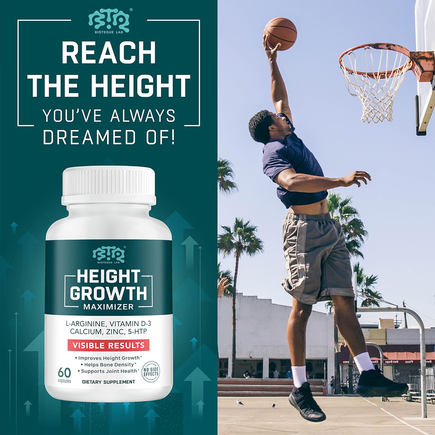 BIOTEQUELAB Height Growth Maximizer, Calcium, Vitamin D3 and Zinc Blend Pills, Bone Growth Supplement for Kids and Teens, Bone Strength
