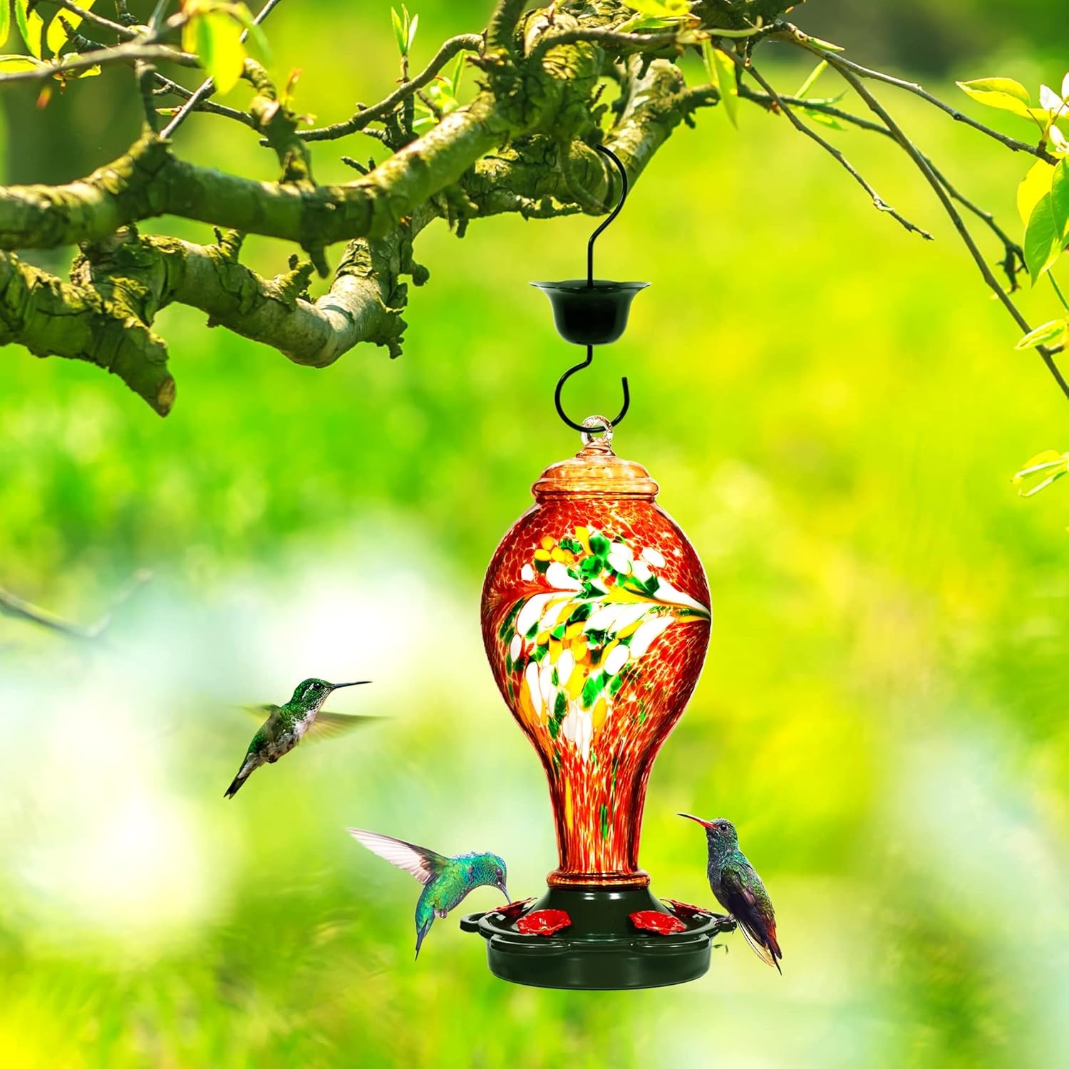 LUJII Hummingbird Feeder, Hand Blown Glass Hummingbird Feeder, Never Fade, 36 Fluid Ounces, 5 Feeding Metal Stations, Much Bigger, Garden Backyard Decorative, Containing Ant Moat (Blue)