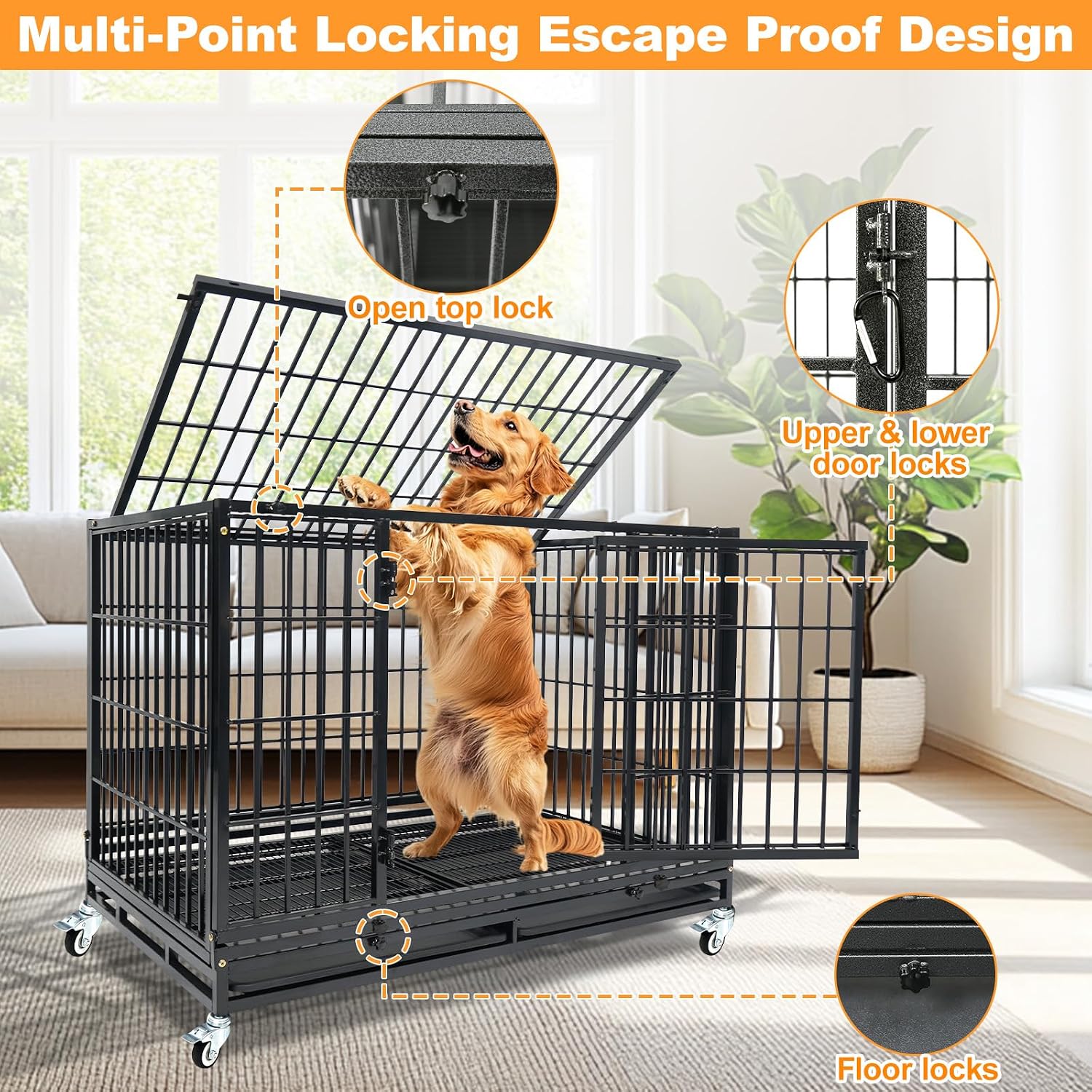 Homey Pet Taller 43" Heavy Duty Double Dog Crates with Divider & Dual Door | Drop Cage for Dogs with Lockable Wheels, Bowls, Removable Tray, Top Access, Ideal for Small to Medium & Large Dogs, Breeders