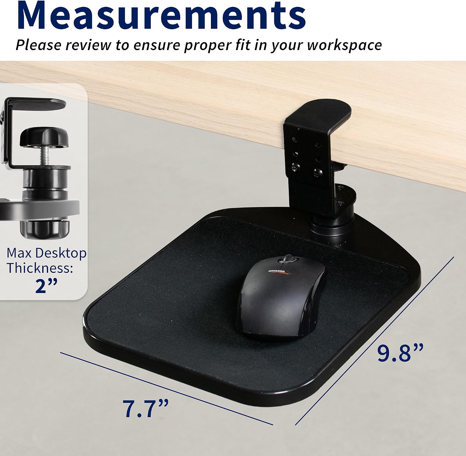 VIVO Black Clamp-on Mouse Pad Holder Platform, MOUNT-MS01A | Adjustable Under Desk 360° Rotating Tray Rest Extension Attachment