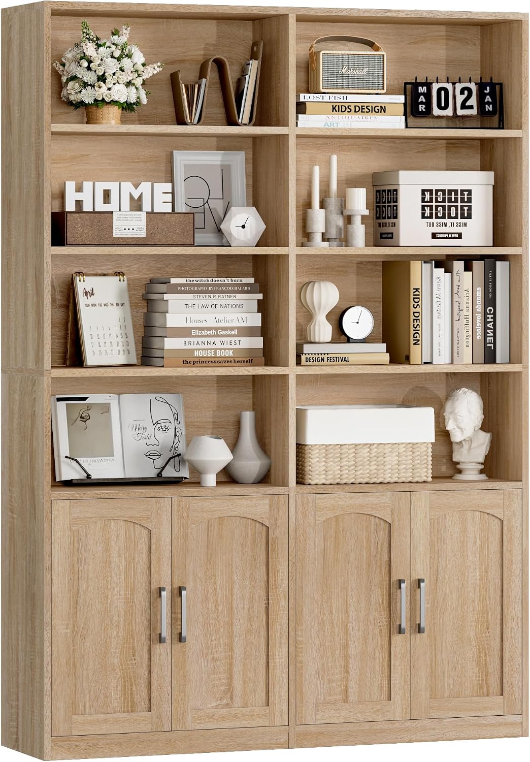 Bookshelf and Bookcase with Doors, Double Wide Large Bookshelves | Industrial Open Display Shelves 6 Tier, 73'' Tall Bookshelf with Storage Cabinets for Office,Home, Living Room, Library,White