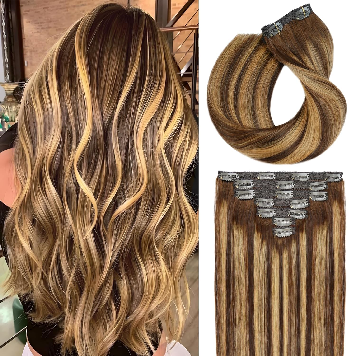 22" Clip in Human Hair Extensions Full Head 200g 10 Pieces 22 Clips Light Brown Double Weft Brazilian Real Remy Hair Extensions Thick Straight (22"