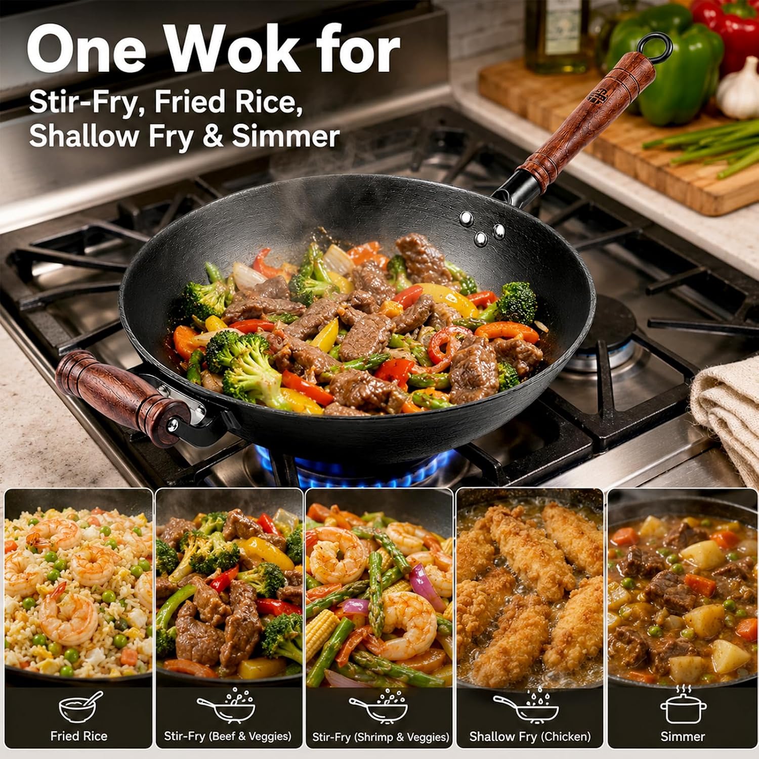 WANGYUANJI 12.6 Inch Cast Iron Wok with Wooden Lid, Handcrafted Flat Bottom Chinese Stir Fry Pan, Uncoated Heavy-Duty Iron Wok for Induction, Gas
