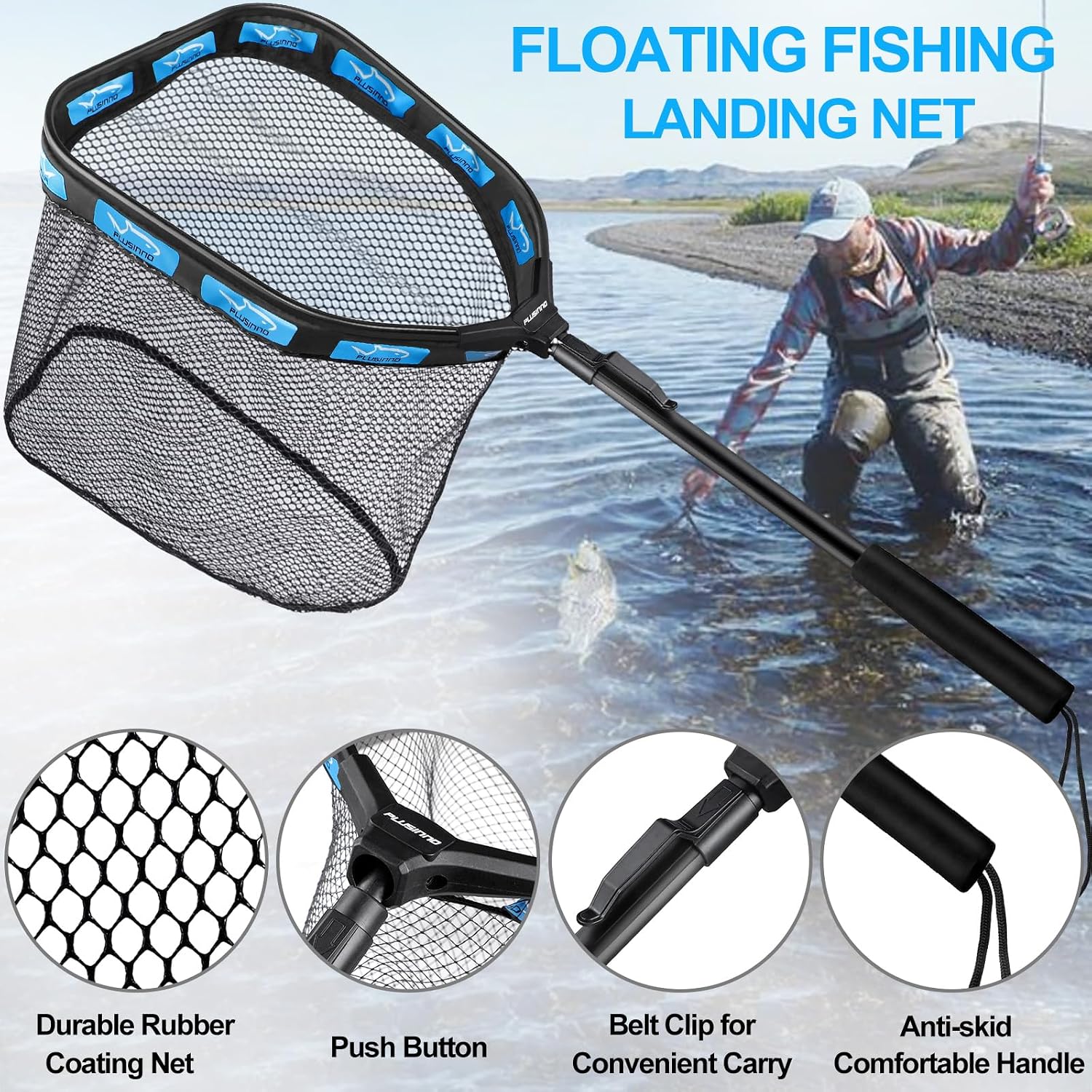 PLUSINNO Floating Fishing Net for Steelhead, Salmon, Fly, Kayak, Catfish, Bass, Trout Fishing
