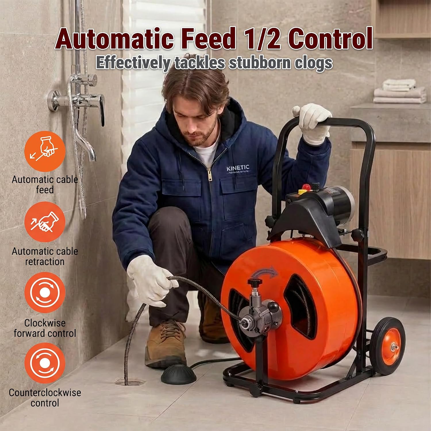 HoldwellS 50FT x 5/16 Inch Drain Cleaner Machine, Electric Drain Auger for 3/4"-3" Pipes, Sewer Snake Auger with 4 Cutters & Pneumatic Foot Switch