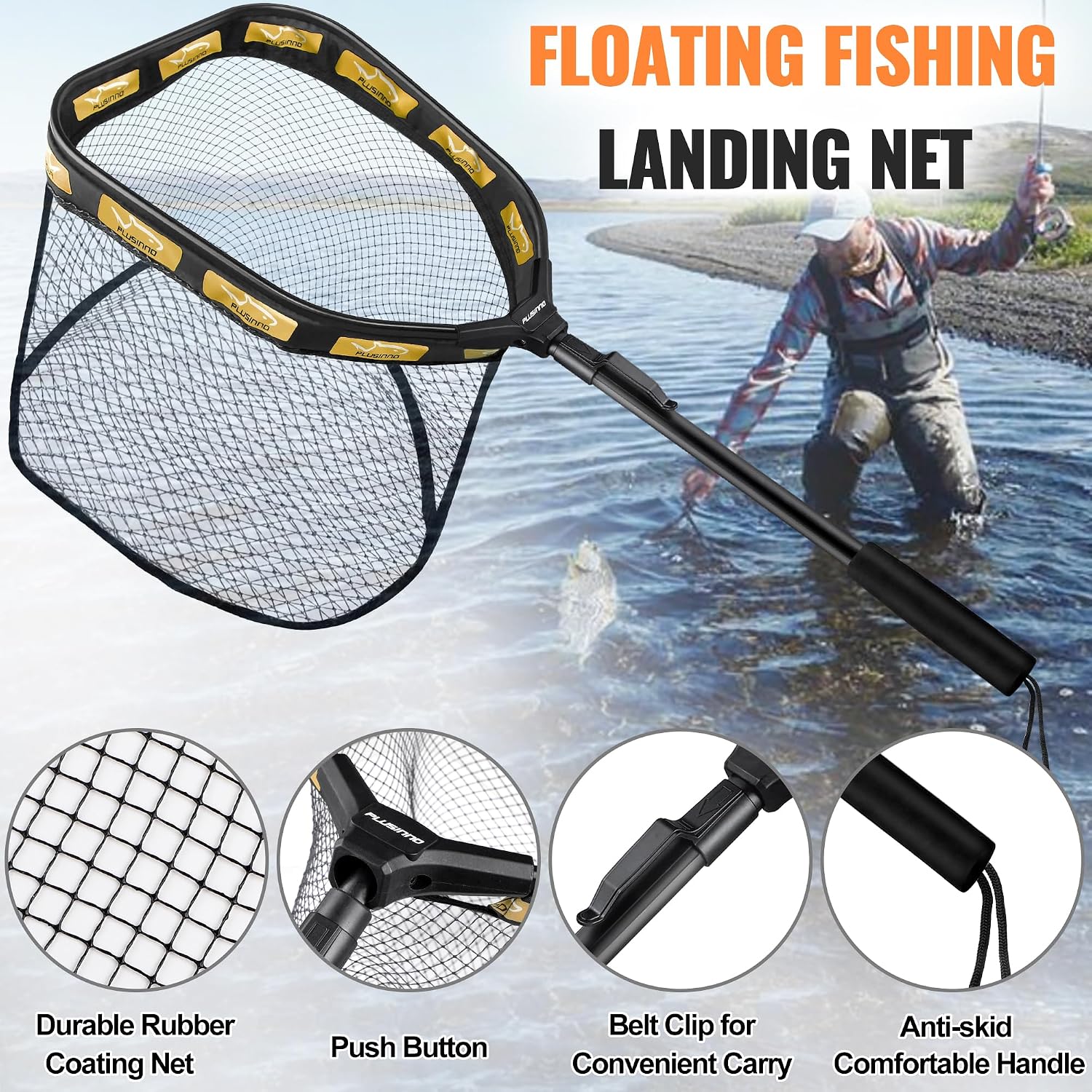 PLUSINNO Floating Fishing Net for Steelhead, Salmon, Fly, Kayak, Catfish, Bass, Trout Fishing