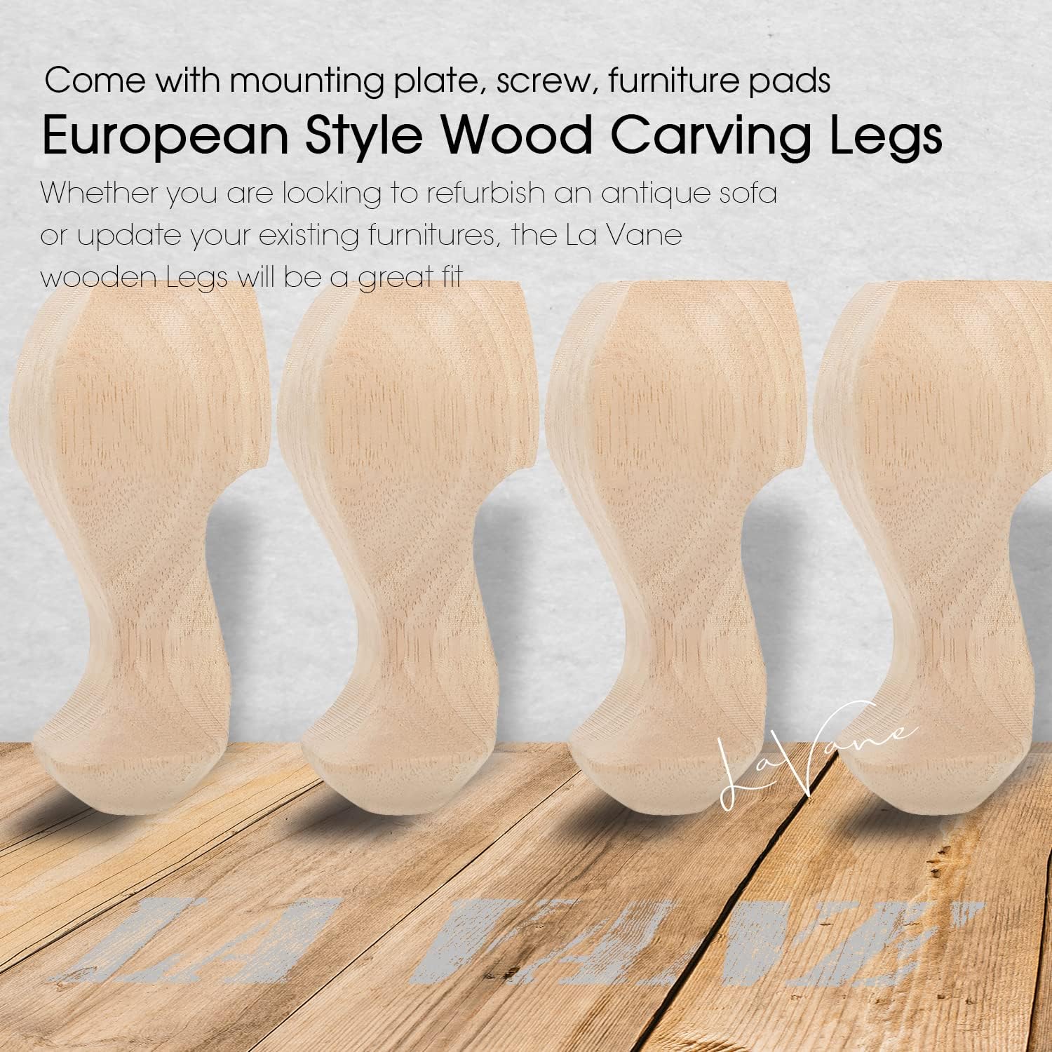 La Vane 6 inch / 15cm Wooden Furniture Legs, Set of 4 European Style Solid Wood Carving Furniture Replacement Feet Decoration for Sofa Cabinet Wardrobe Table Loveseat