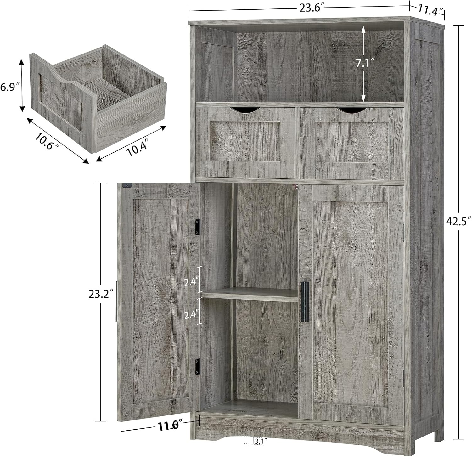 Iwell Storage Cabinet with 2 Drawers & Adjustable Shelves, Cupboard, Floor Cabinet for Living Room, Home Office, Rustic Brown
