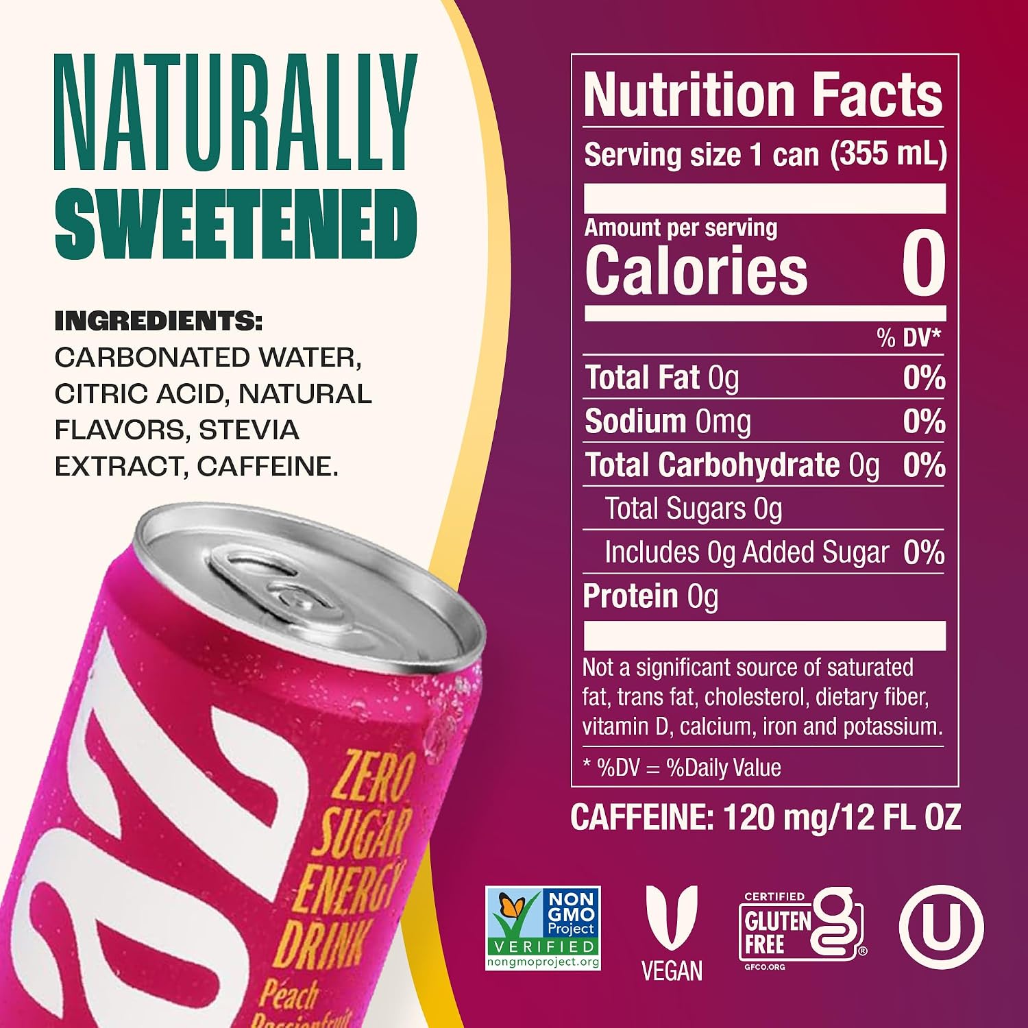Zevia Zero Sugar Energy Drink, Raspberry Lime, 12 oz Cans (12-Pack) – Naturally Sweetened, Zero Calorie Sugar Free Energy - Non-GMO Project Verified, Gluten-Free, Vegan