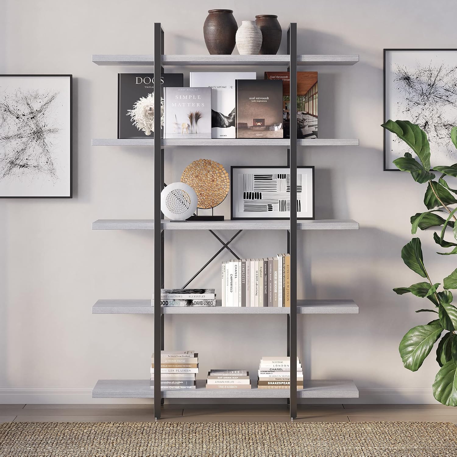 BELLEZE 4 Tier Modern Rustic Industrial Bookshelf, Open Wide Office Etagere Book Shelf