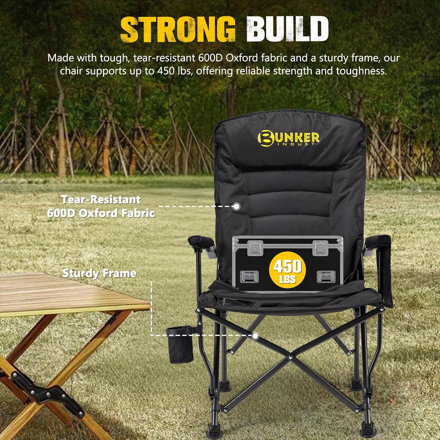 BUNKER INDUST Folding Camping Chair, Oversized with Padded Cushion, Outdoor Chair with Cup Holder Storage Pockets